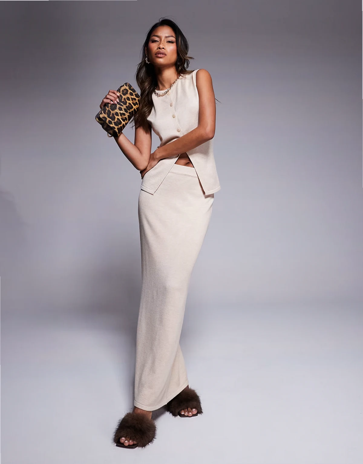 exclusive fine knit column maxi skirt in oatmeal - part of a set