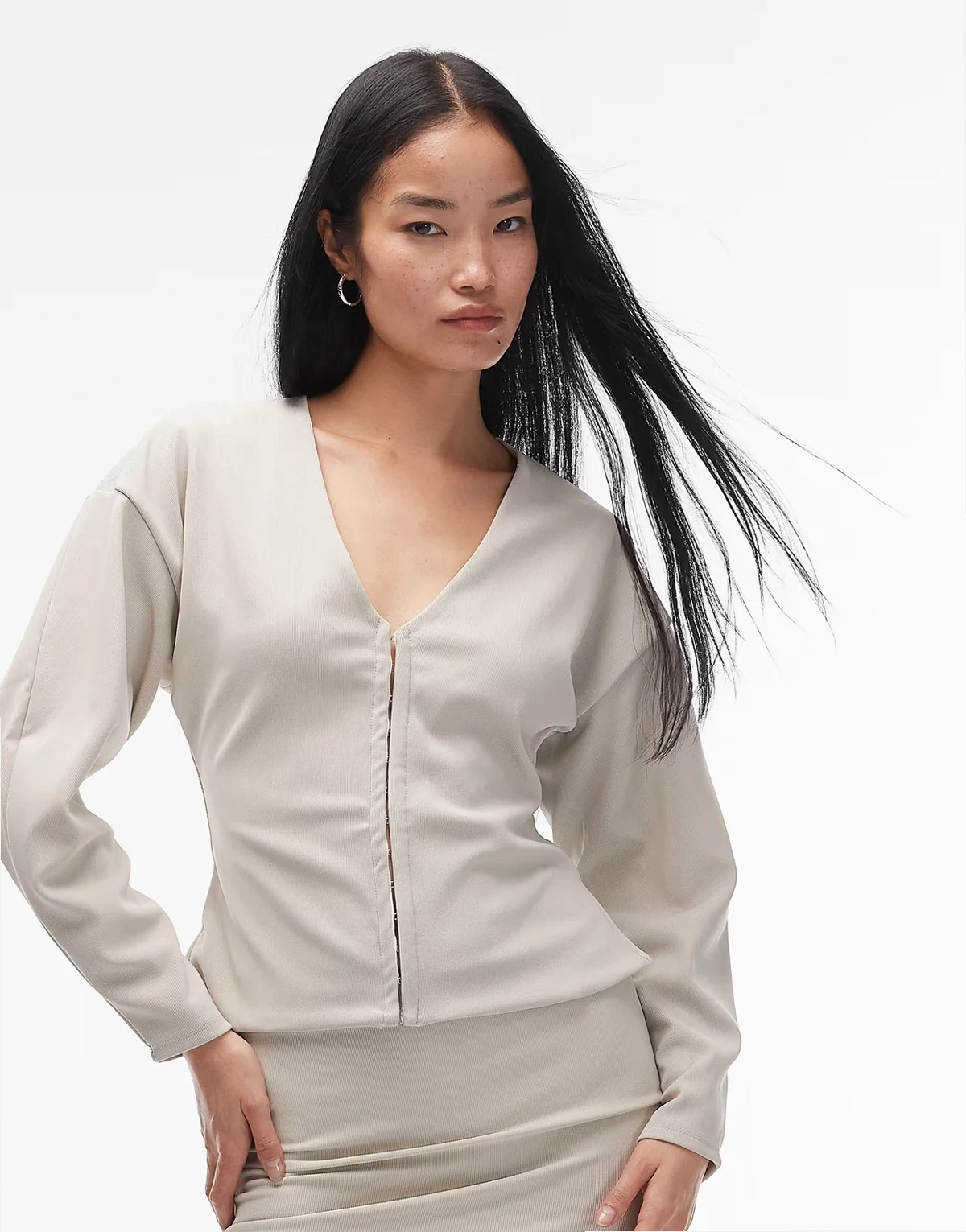 ribbed balloon sleeve structured top in stone - part of a set