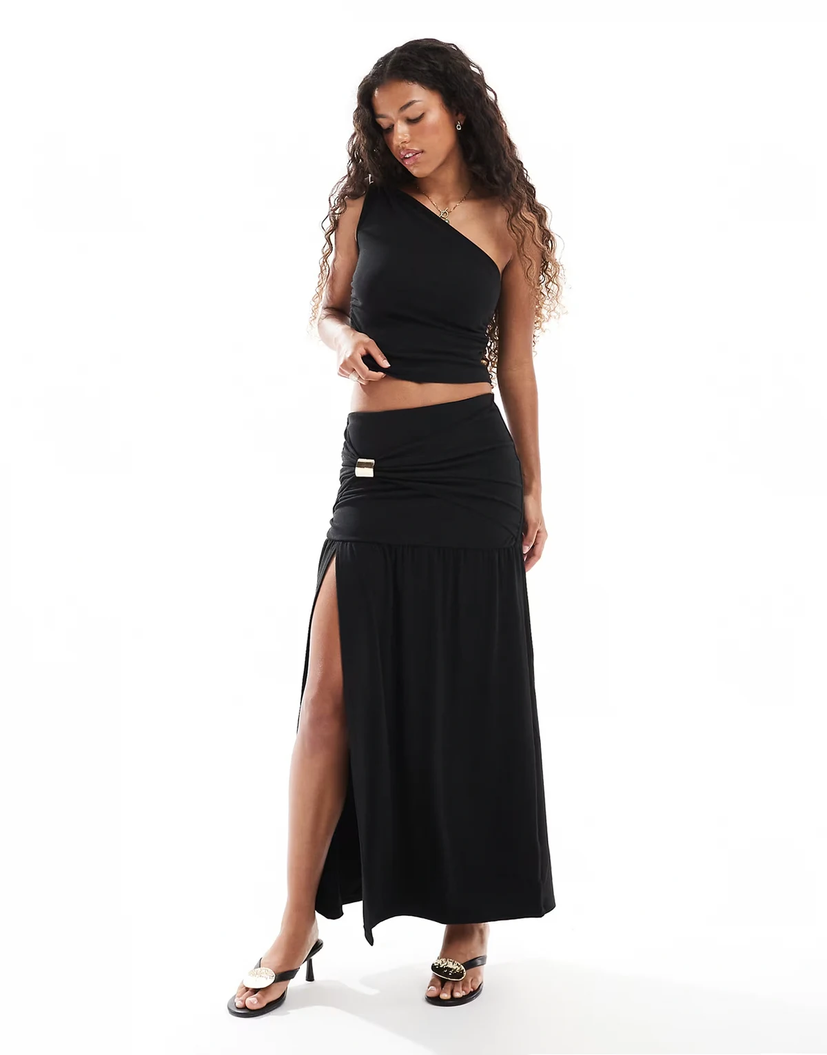 double layered slinky gold hardware detail thigh split maxi skirt in black - part of a set