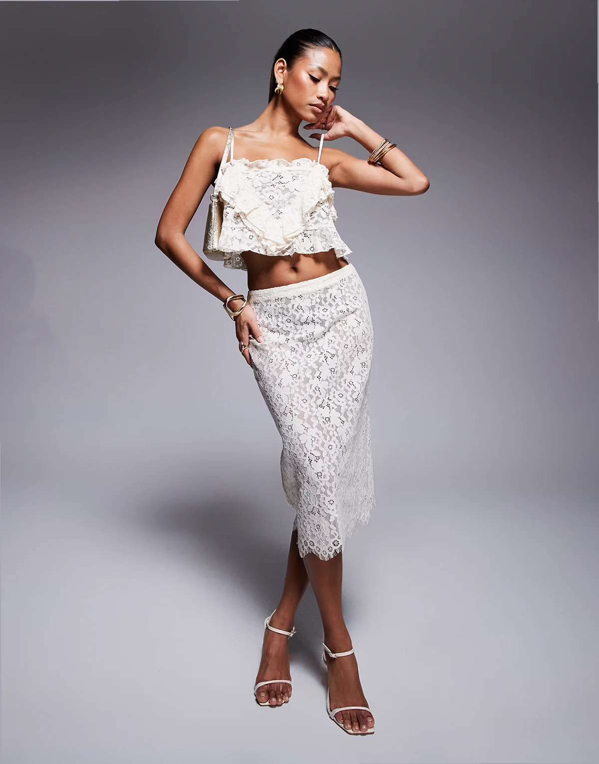 high waist midi skirt in cream floral