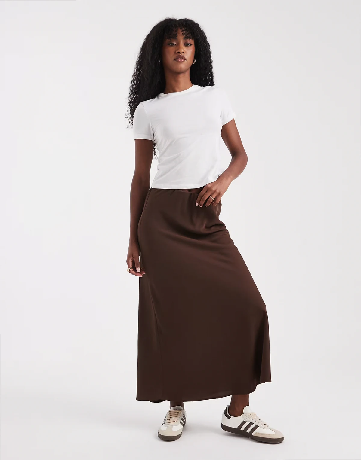 matte satin midi skirt in chocolate brown