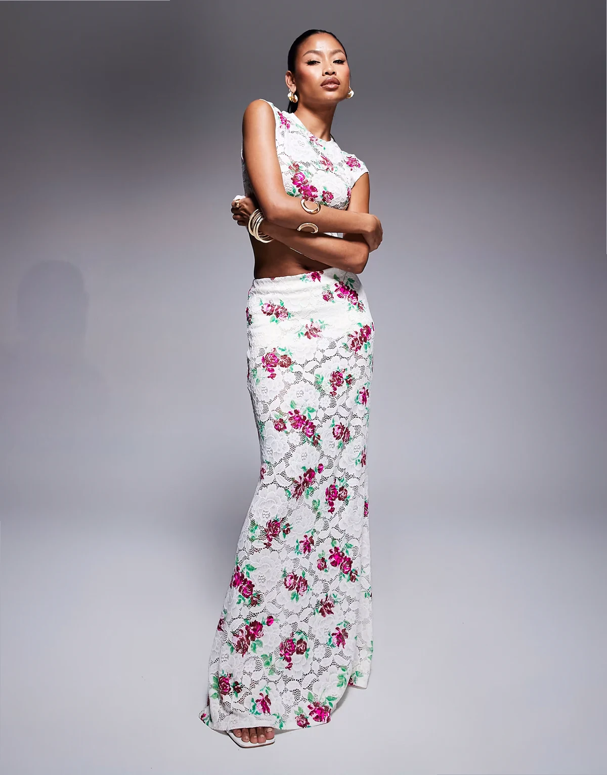 crochet lace maxi skirt in rose floral - part of a set
