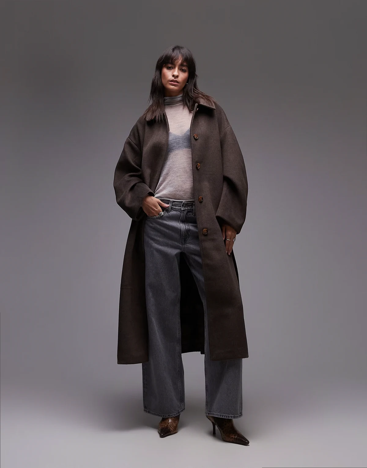 belted long line formal coat in brown