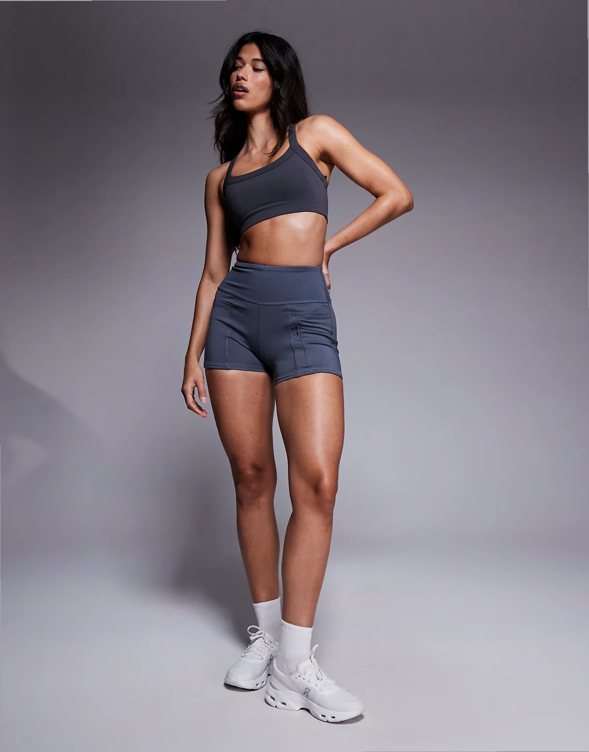 3-inch high waist running shorts with zip phone pocket in iron gray