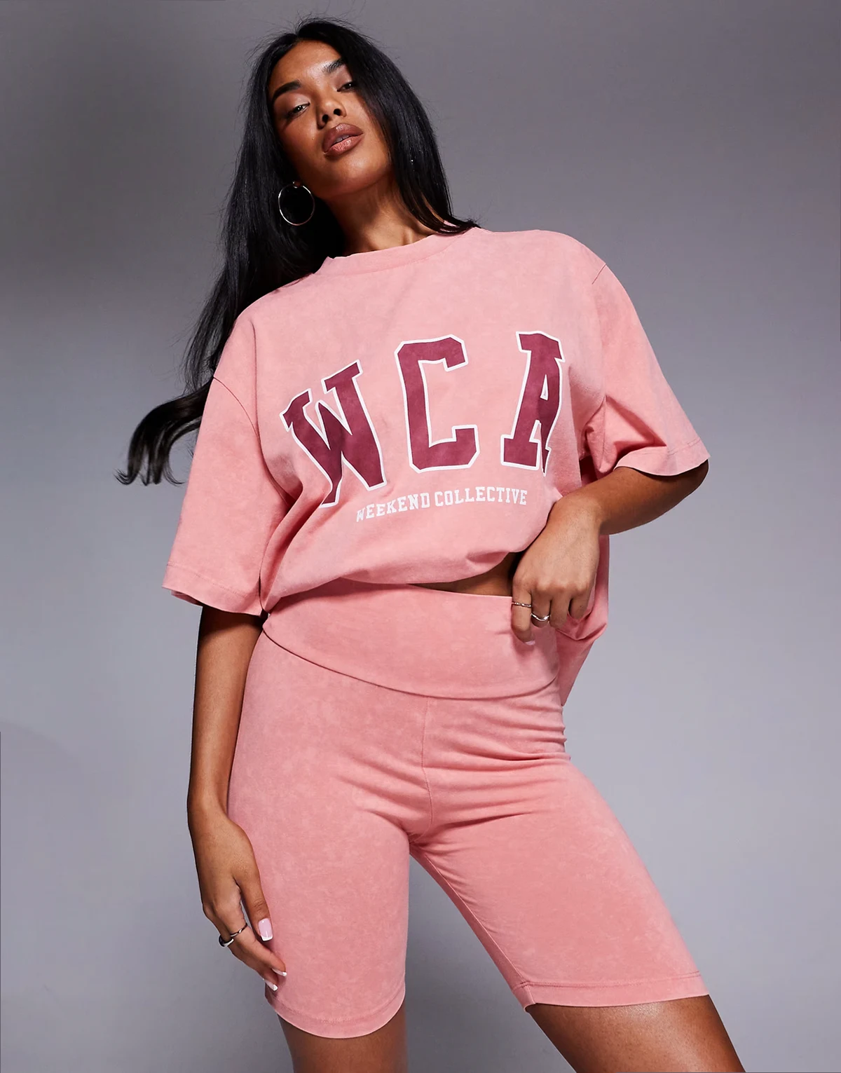 Weekend Collective legging shorts with varsity graphic in washed peach - part of a set