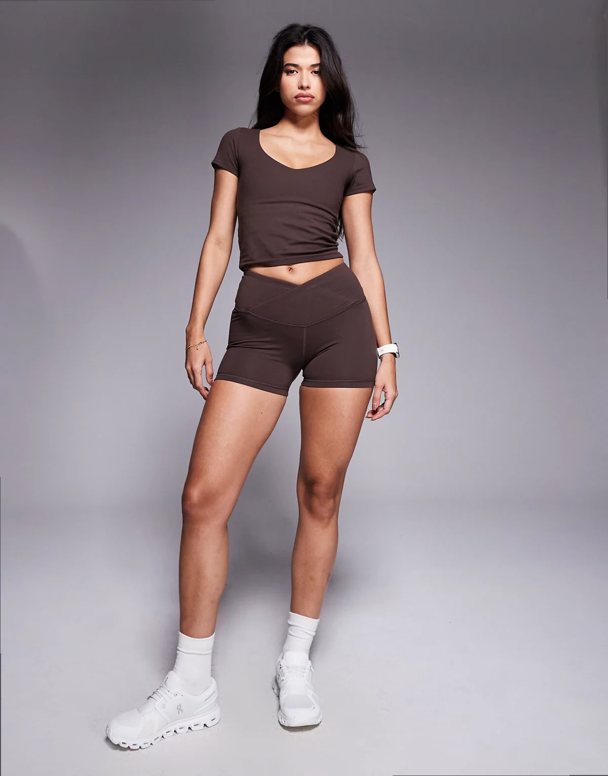 Icon soft touch wrap waist 3 inch booty shorts in plum chocolate