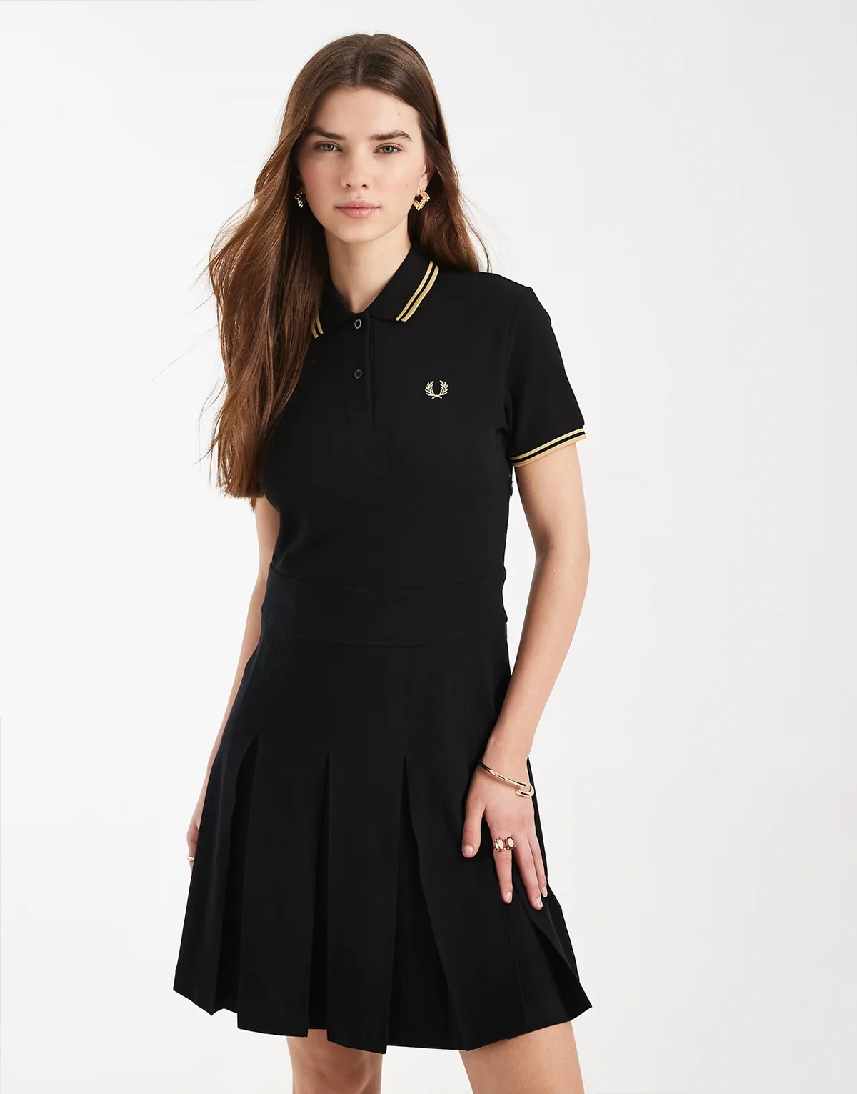 tipped logo pleated tennis midi dress in black