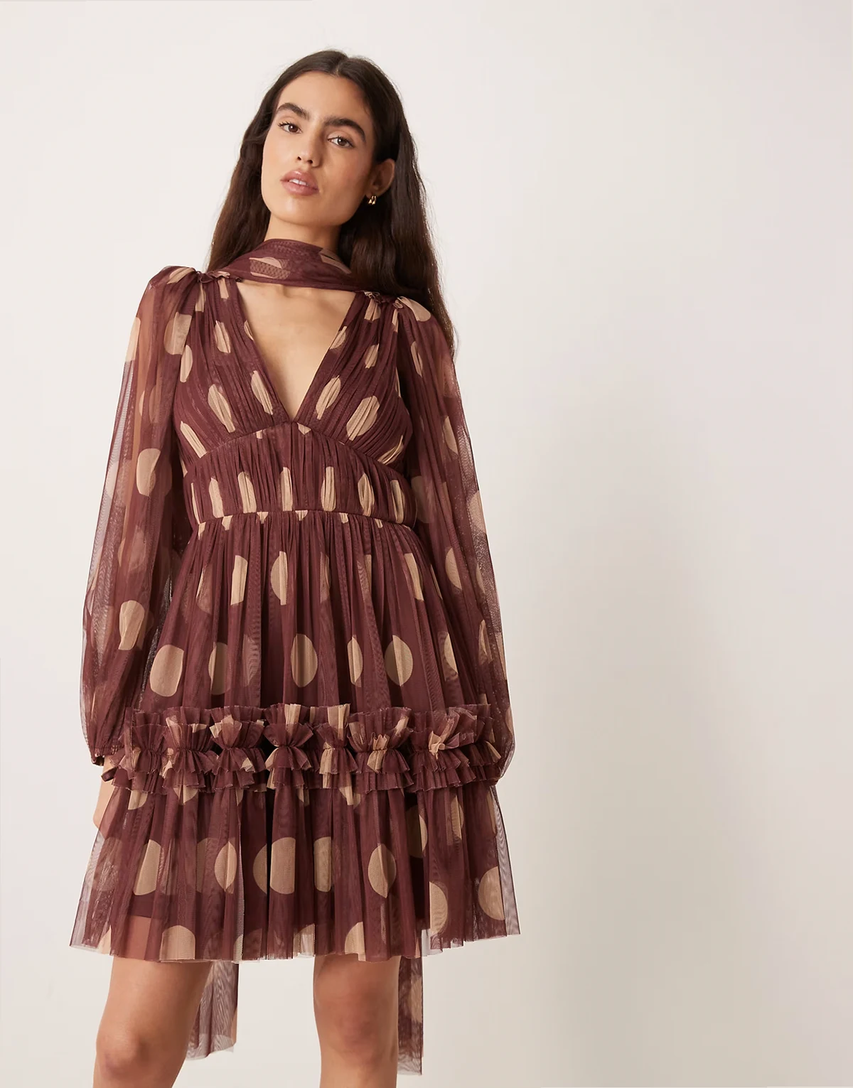 tulle scarf neck mini dress in rose brown polka dots