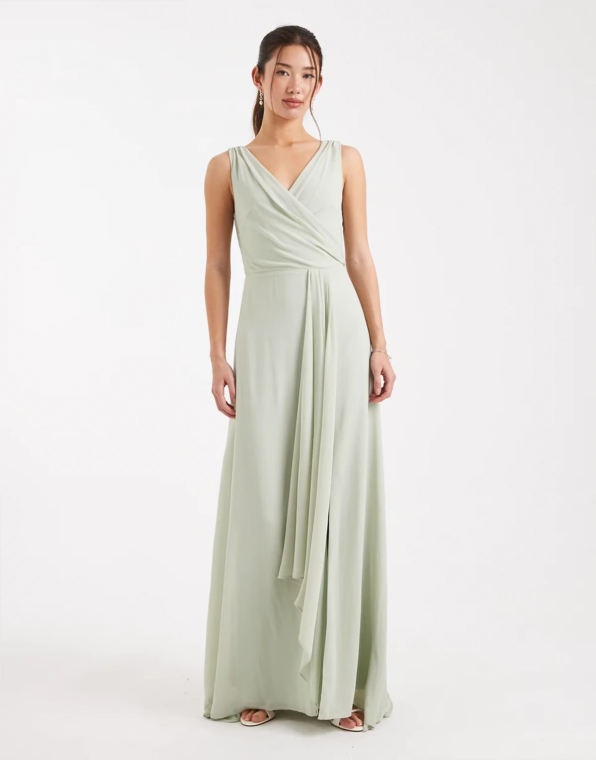 Bridesmaid chiffon wrap top draped maxi dress in sage green