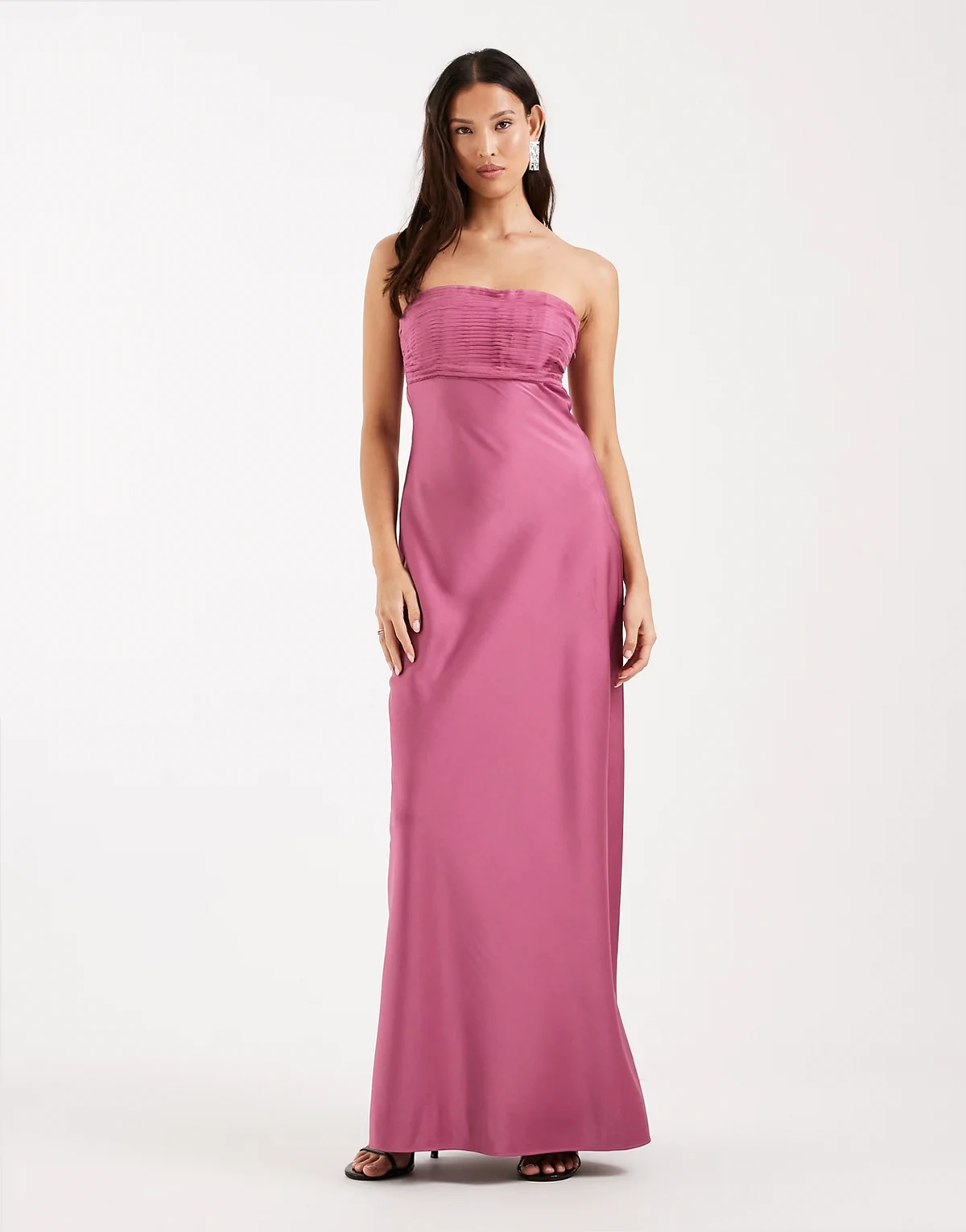 – Bridesmaids – Trägerloses Satin-Maxikleid in Rosa mit plissierter Brustpartie