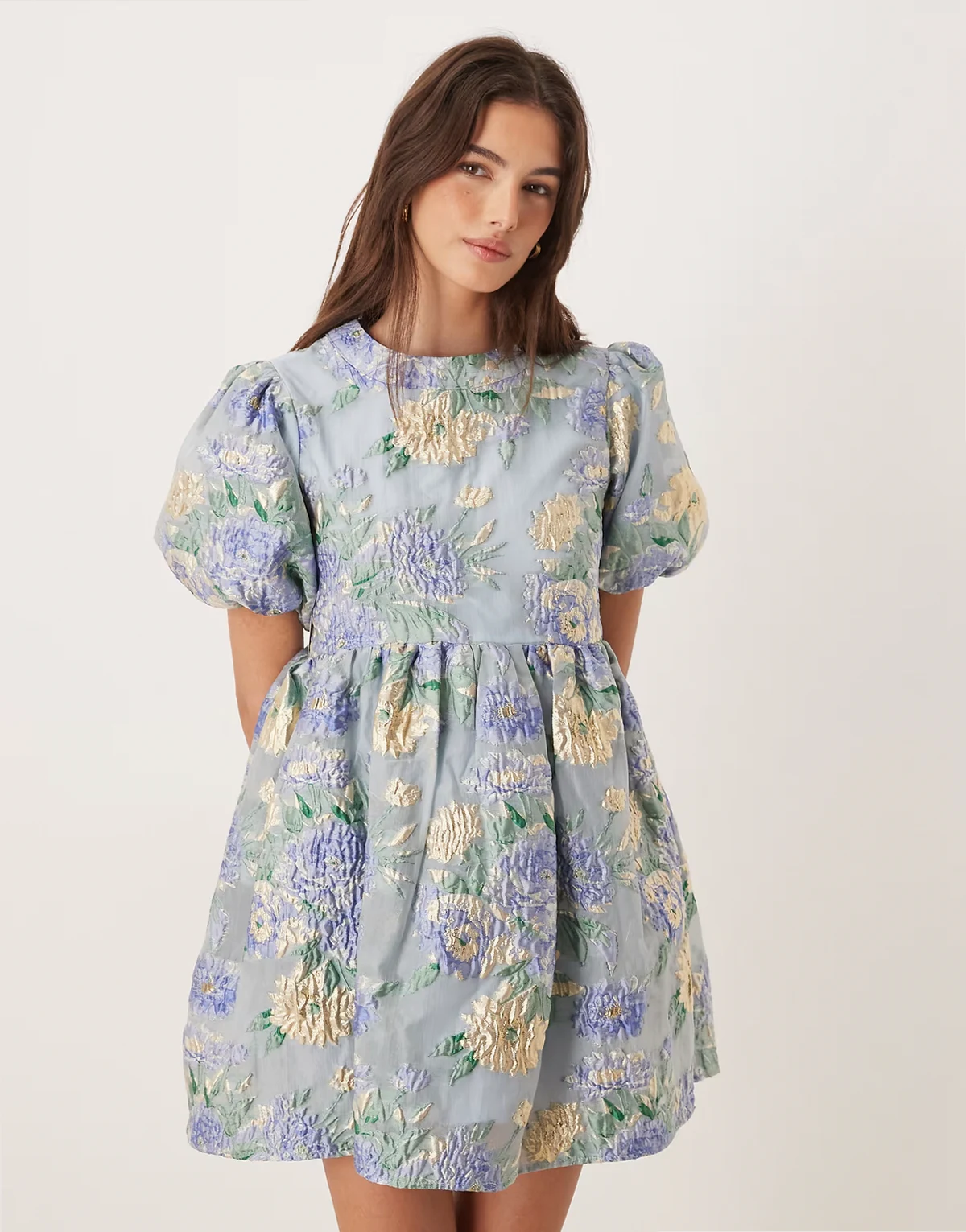 Dream Sister Jane Honey exclusive jacquard puff sleeve mini dress in blue floral