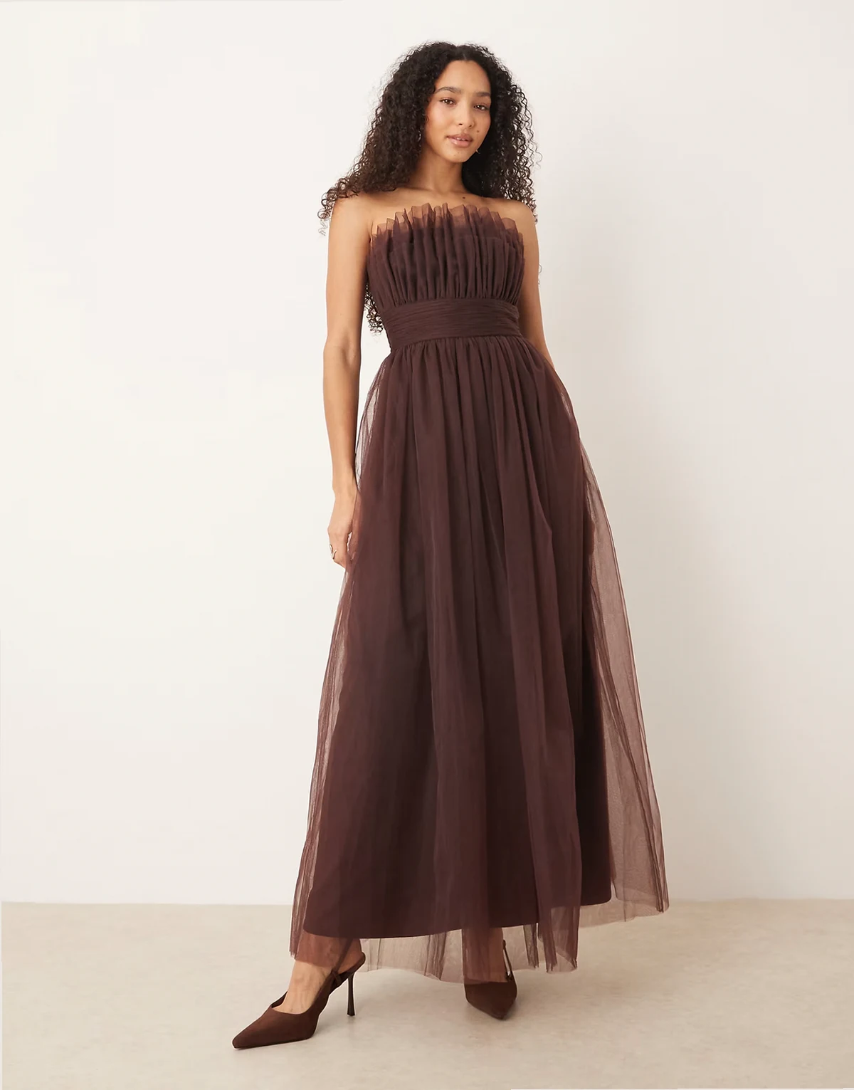 tulle waistband bandeau maxi dress in chocolate plum