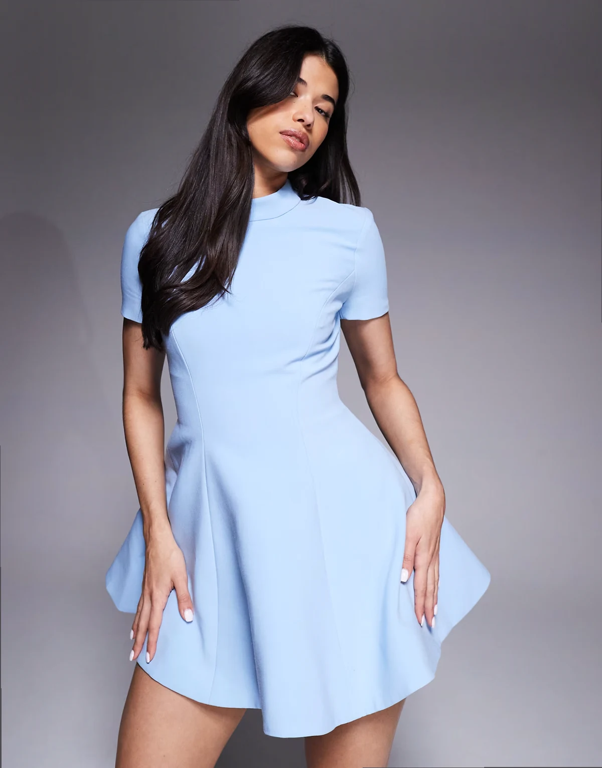 Zephyra short sleeve high neck fit and flare full skirted mini dress in soft blue