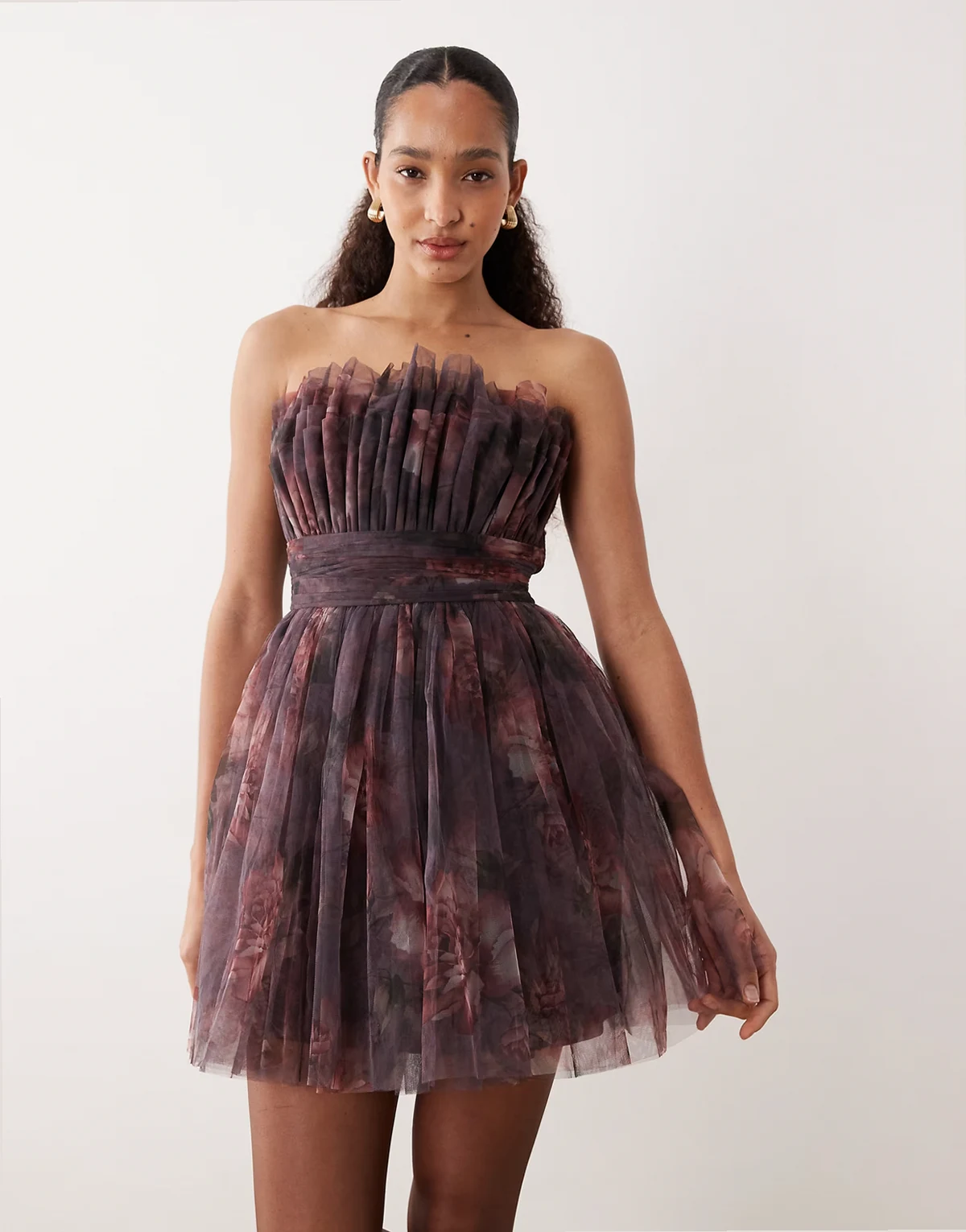 tulle waistband bandeau mini dress in plum floral
