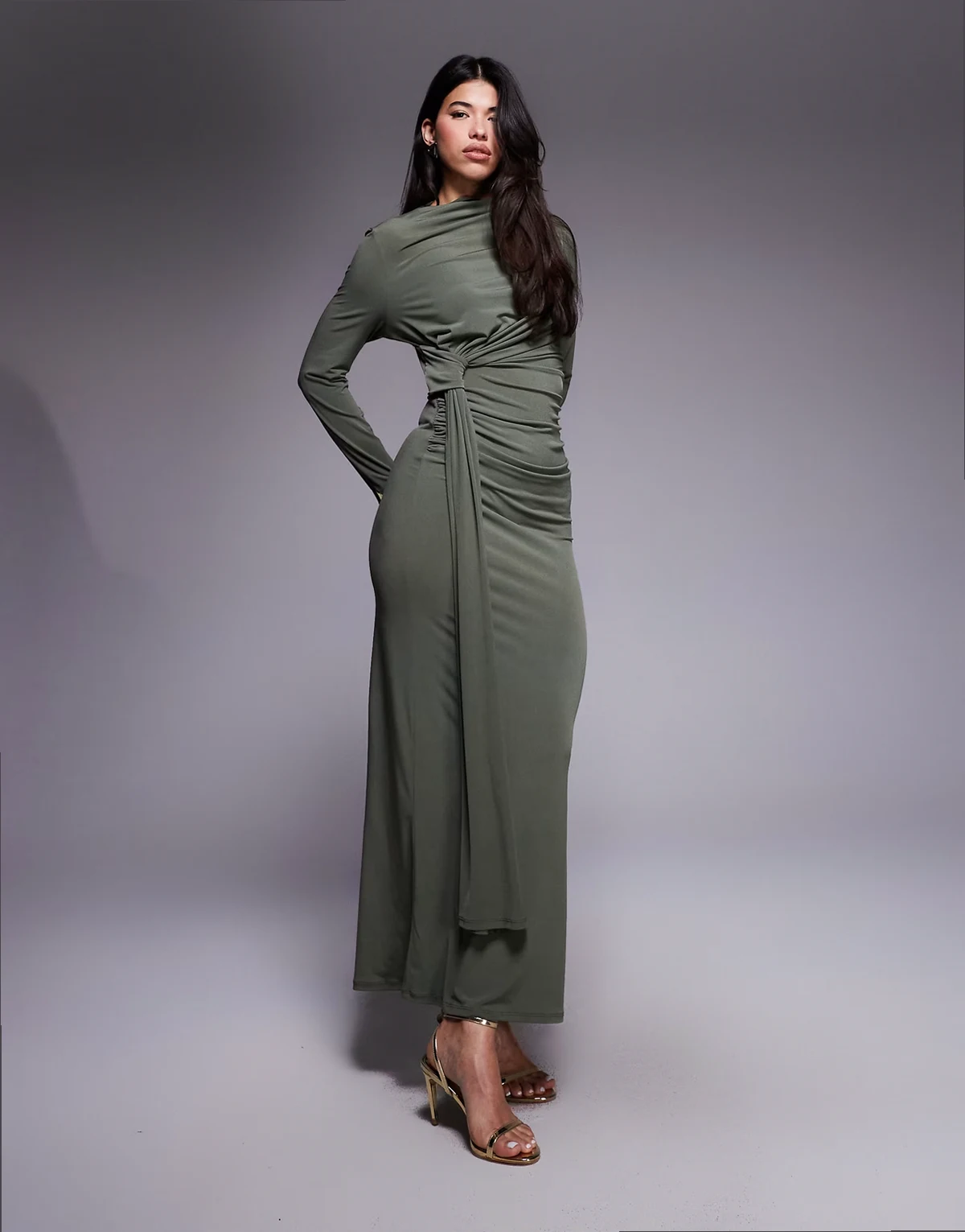 slinky high neck tie detail maxi dress in khaki
