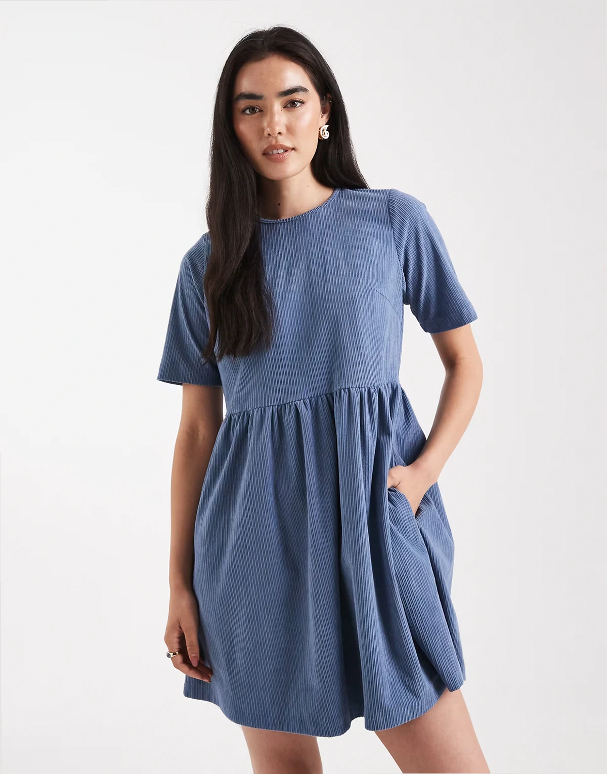 cotton cord short sleeve mini dress in blue
