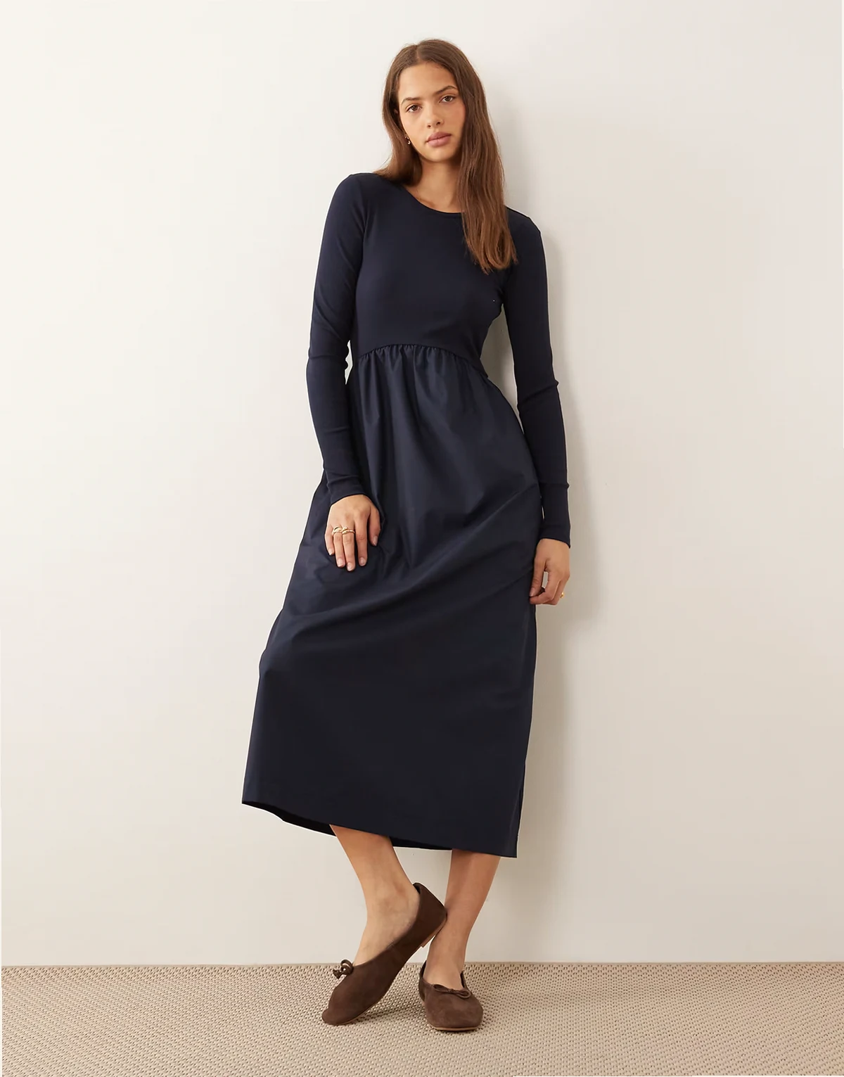 long sleeve jersey poplin mix midi dress in navy