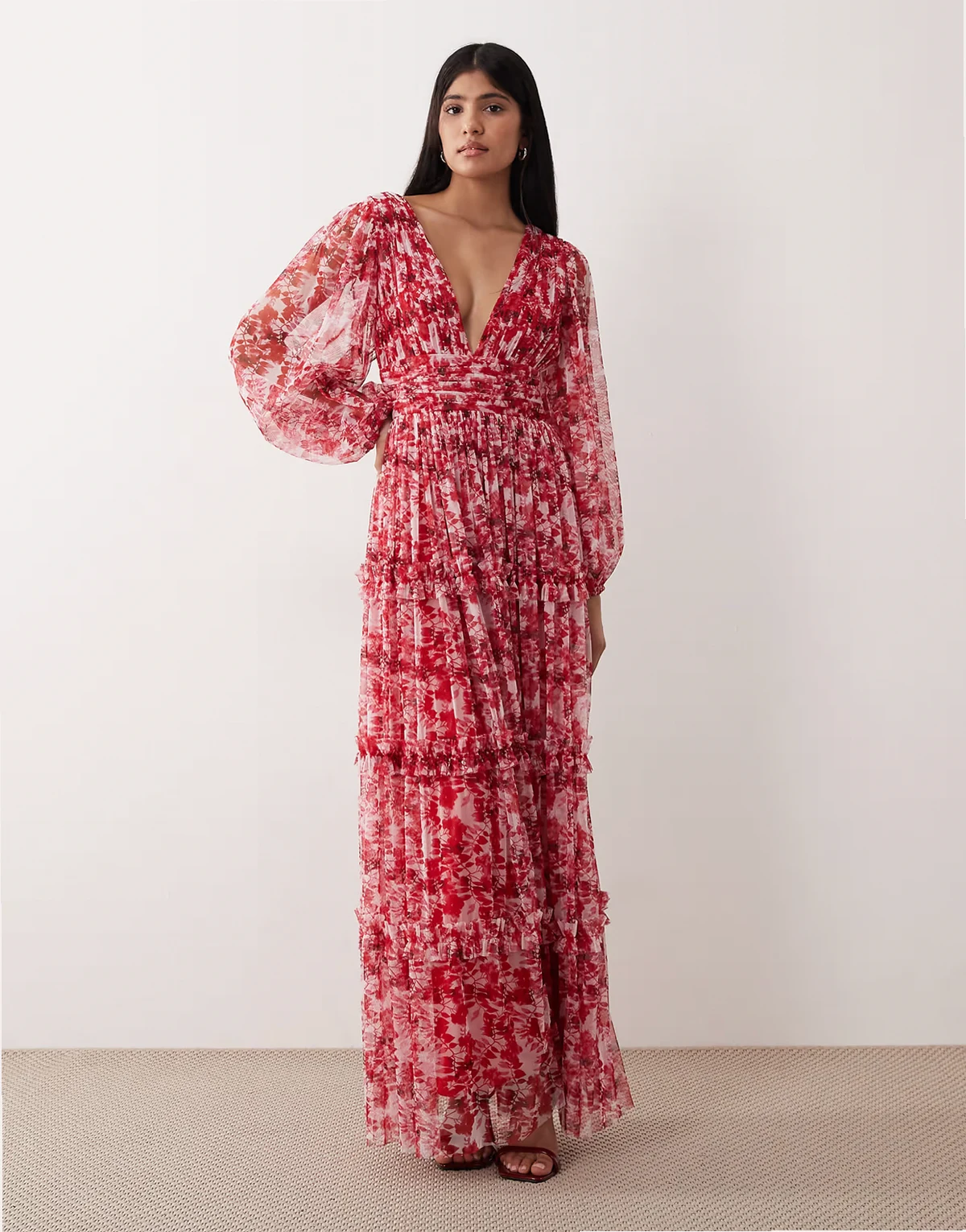 deep v neck sheer bell sleeve maxi dress in pink and red floral