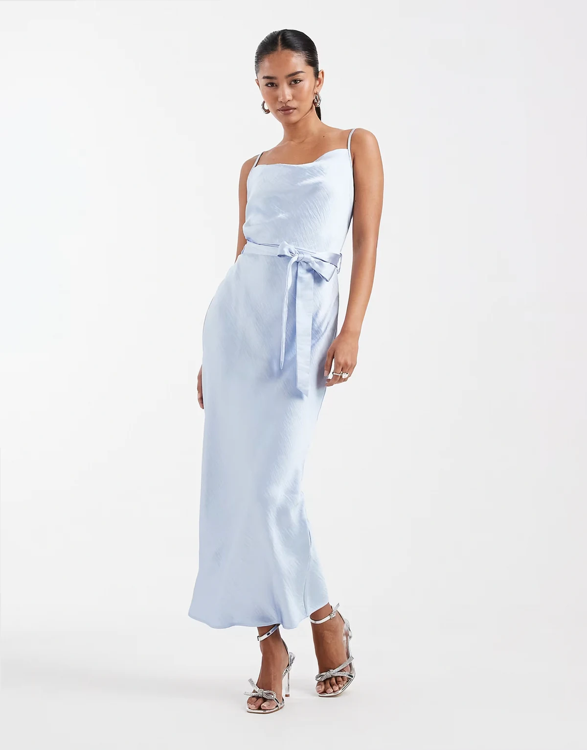 Bridesmaid satin cami tie waist midaxi dress in blue