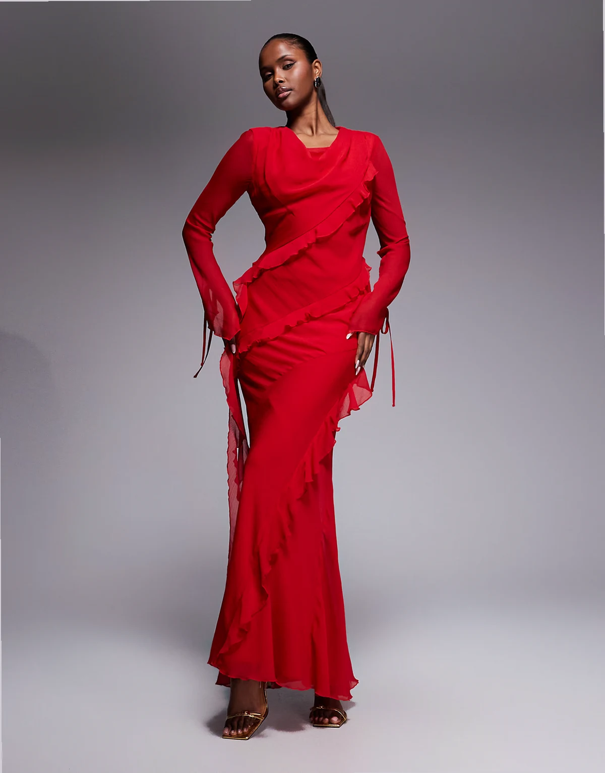 chiffon high cowl neck ruffle detail maxi dress in red