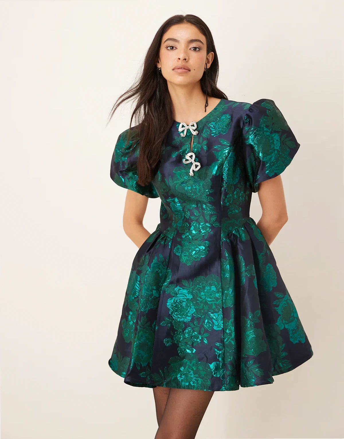 jacquard puff sleeve rhinestone bow detailing mini dress in emerald green