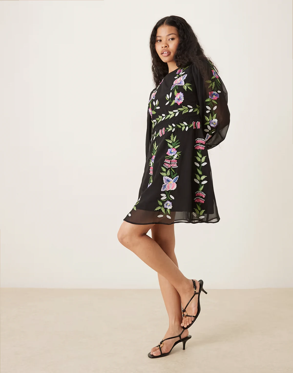 high neck embroidered mini dress in black