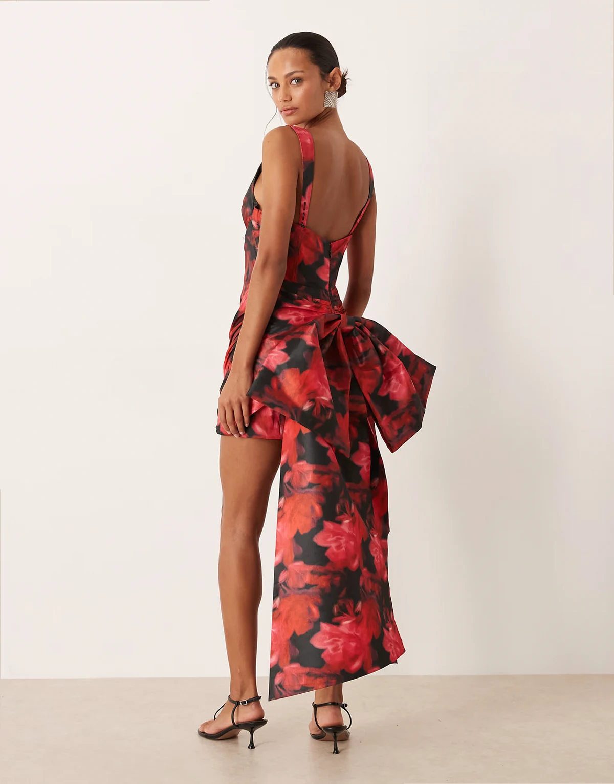 high neck mini dress with exaggerated bow back in dark romance red floral