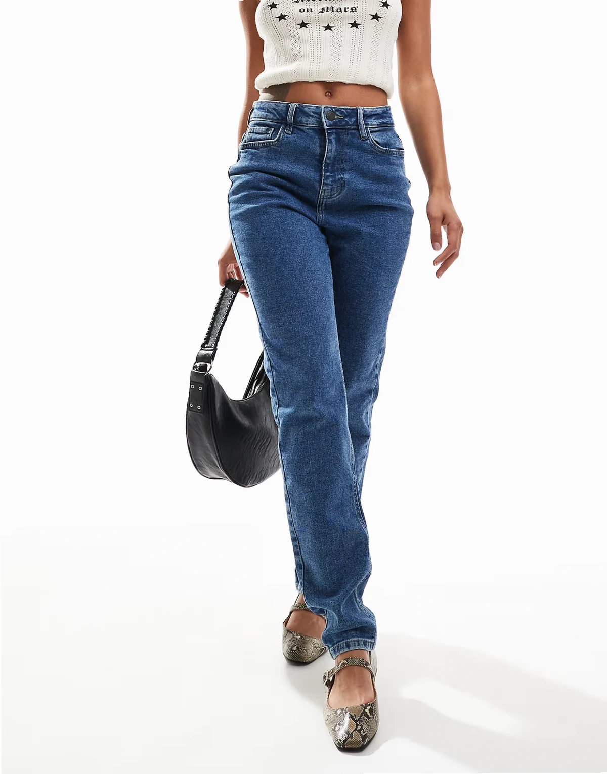 – Daisy – Mom-Jeans in Mittelblau mit Acid-Waschung und hohem Bund