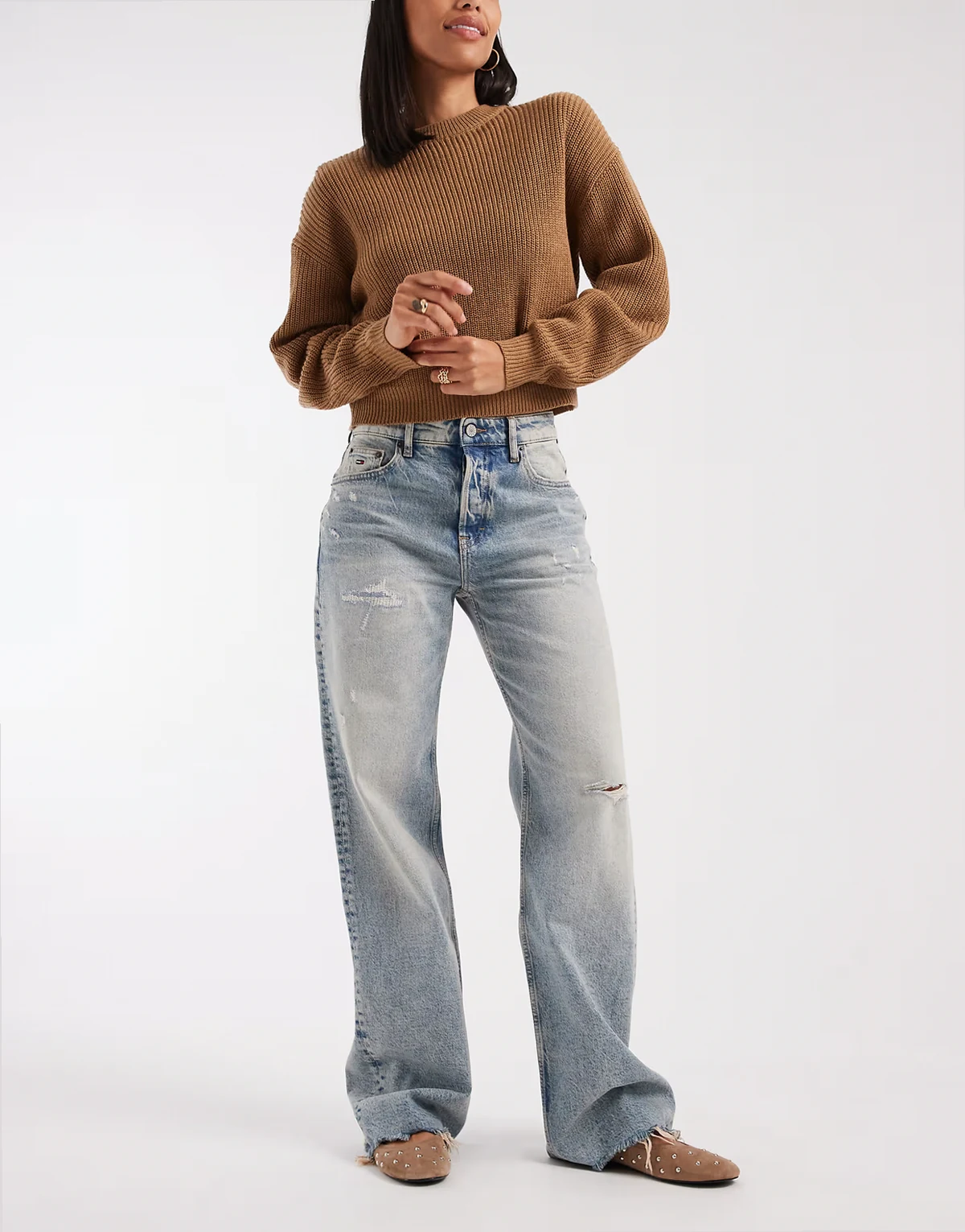 Mia distressed mid rise relaxed straight leg jeans in light wash