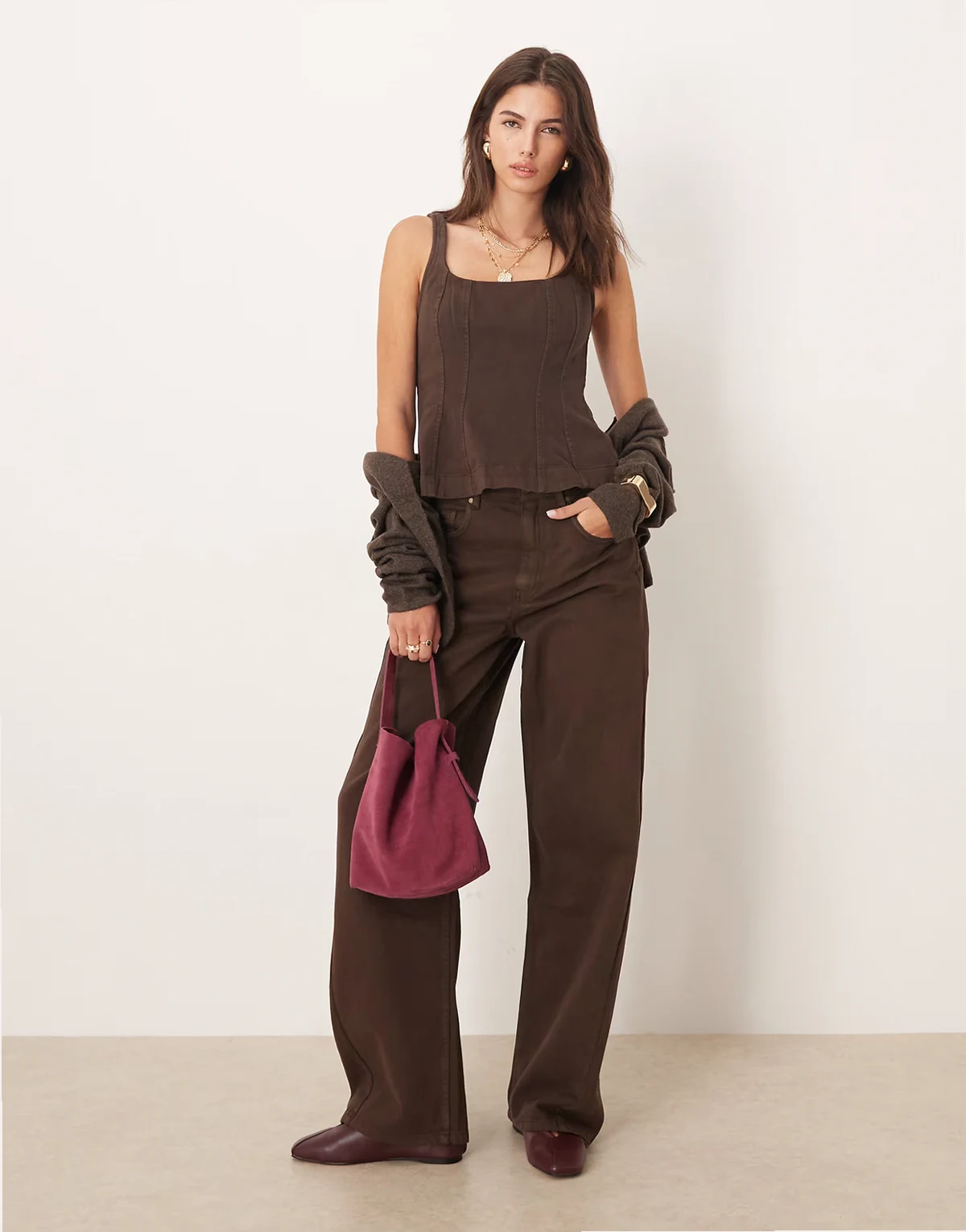 cotton barrel leg jeans in brown - part of a set