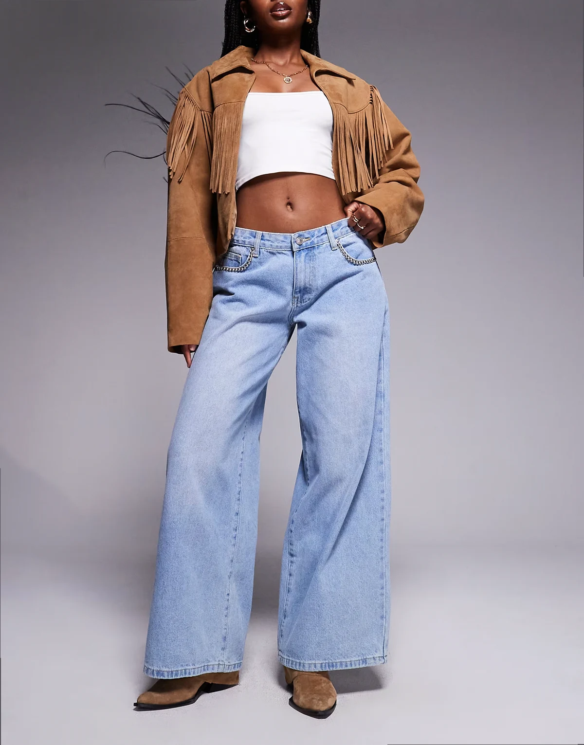 Pearlisle low rise stud detail baggy wide leg jeans in light blue wash