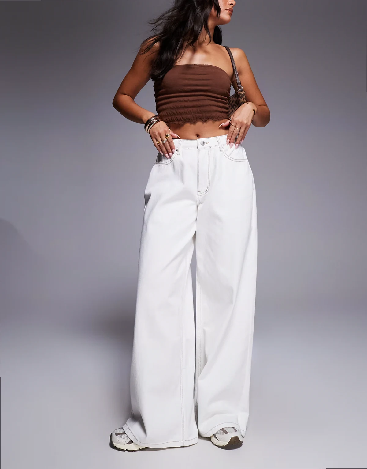 Naylor contrast stitch mid rise baggy wide leg jeans in cream