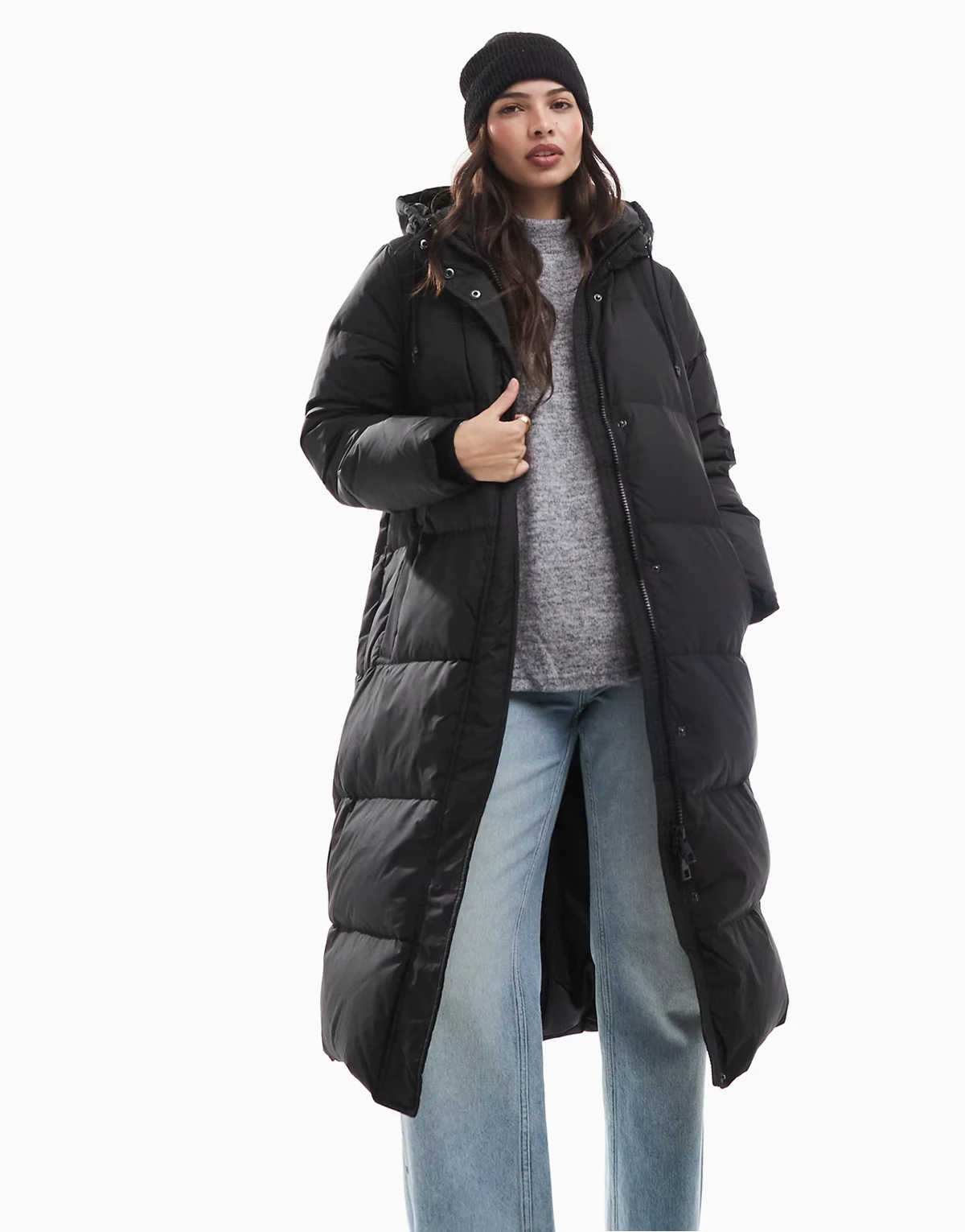 – Longline-Puffermantel in Schwarz