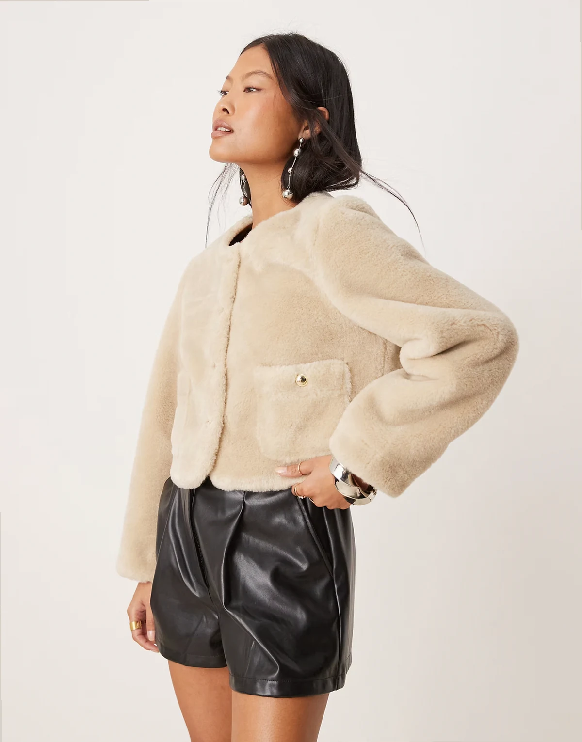 ASOS DESIGN Petite collarless bonded borg jacket in cream