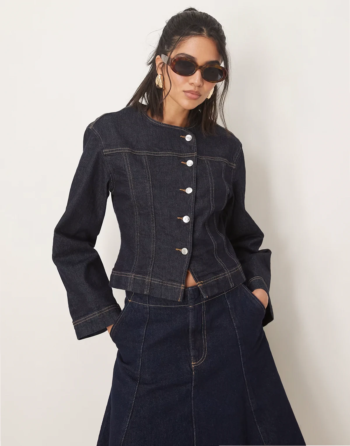 stretch denim jacket with cinch waist in rinse wash indigo - part of a set
