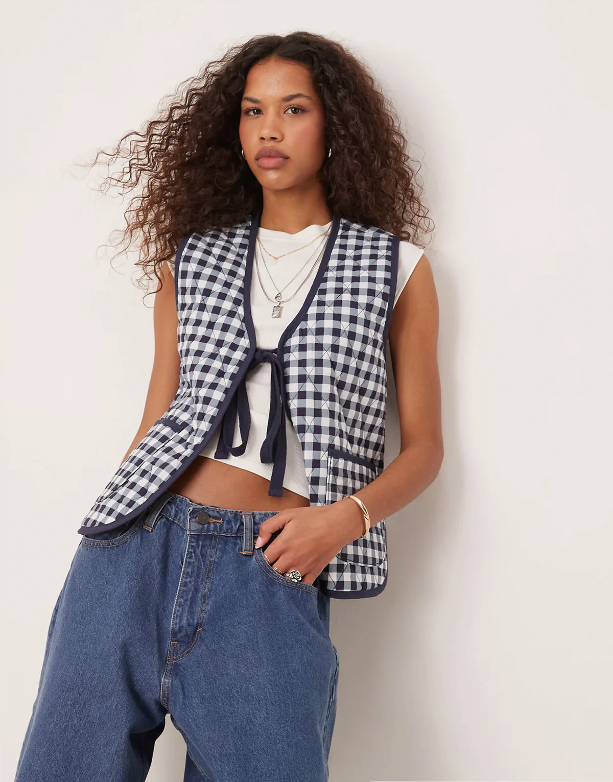 claudine quilted gingham vest in navy