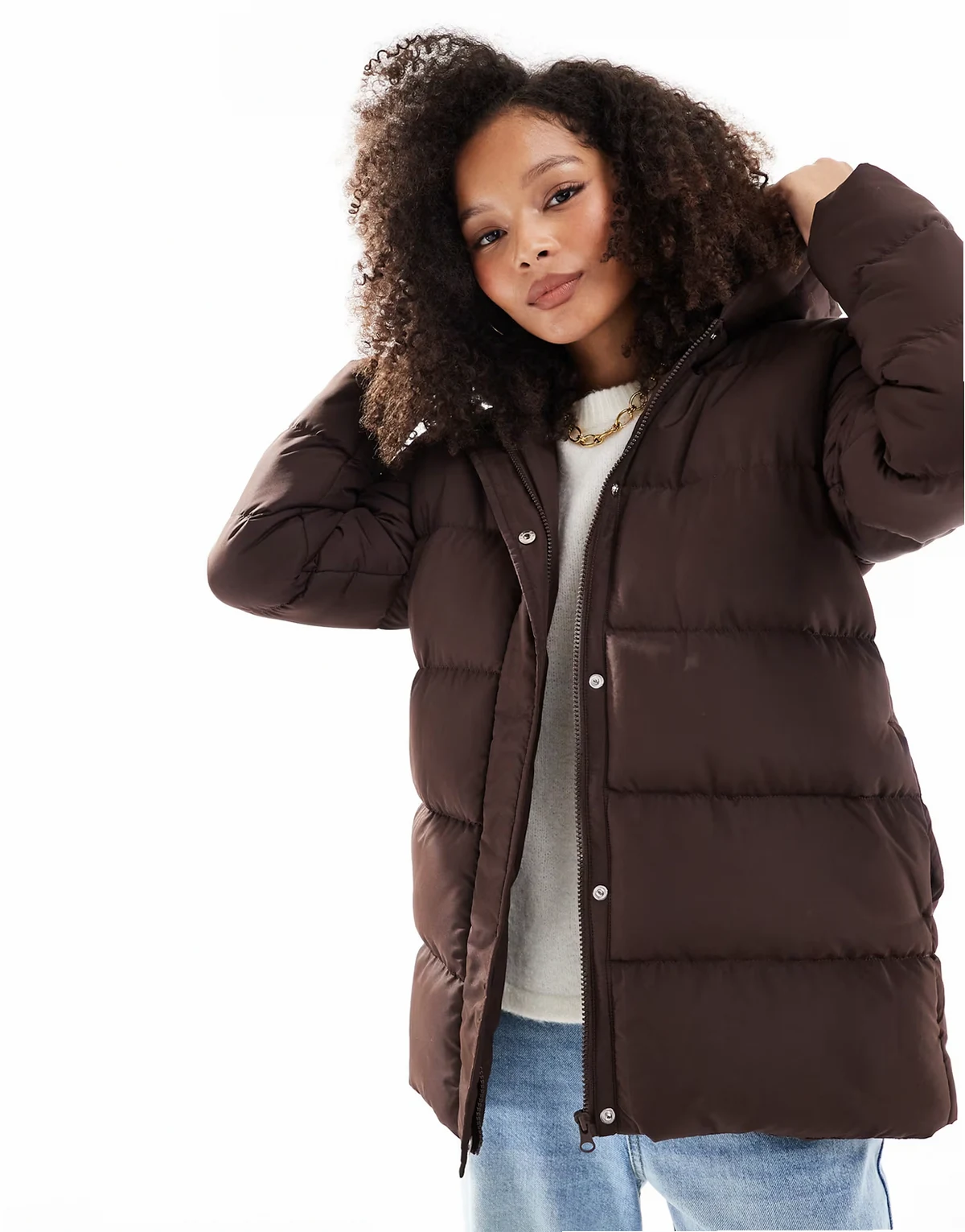 mid length puffer jacket in brown
