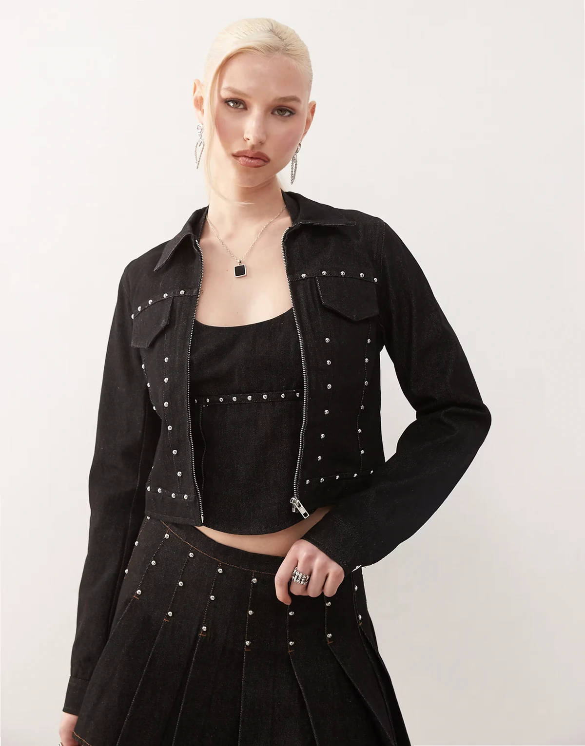 Ronira stud detail fitted denim jacket in washed black