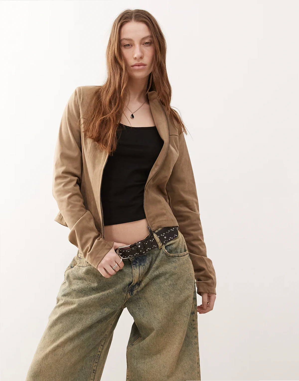 mandy faux suede moto jacket in walnut