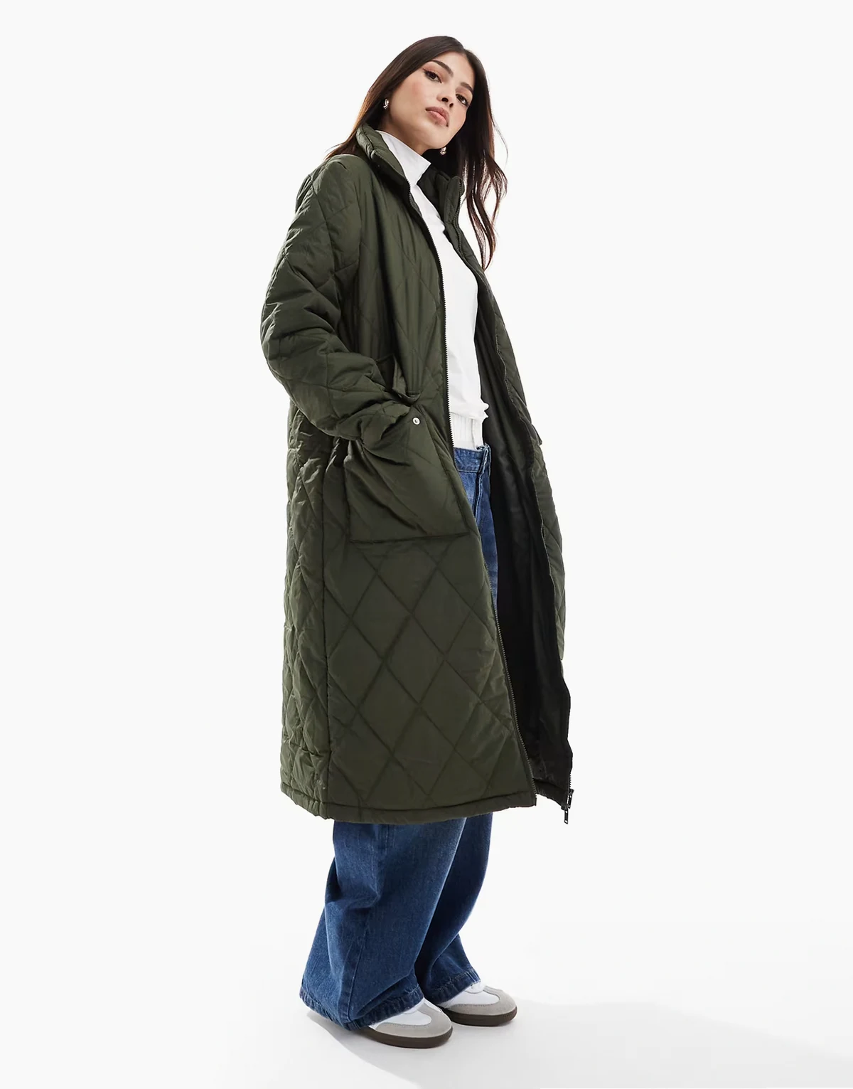 high neck quilted longline coat in khaki green
