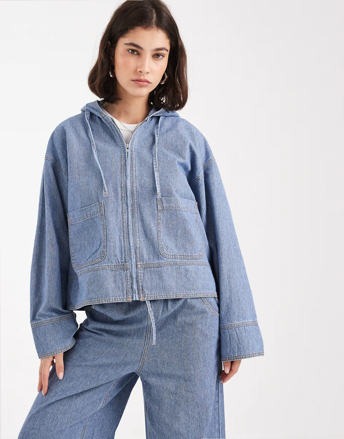 oversized denim hoodie jacket in light blue wash - part of a set