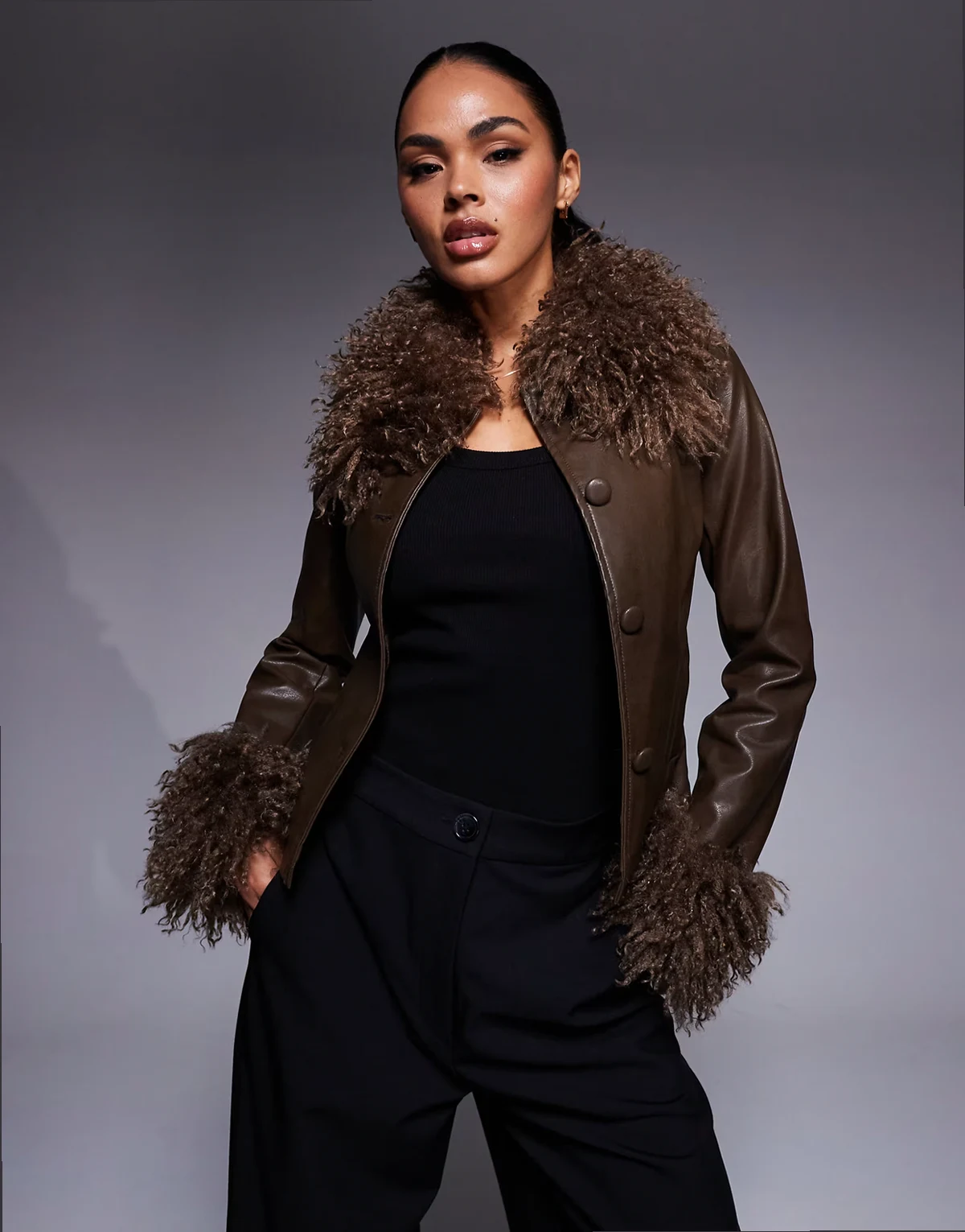 Cupid shaggy faux fur trim leather look jacket in brown