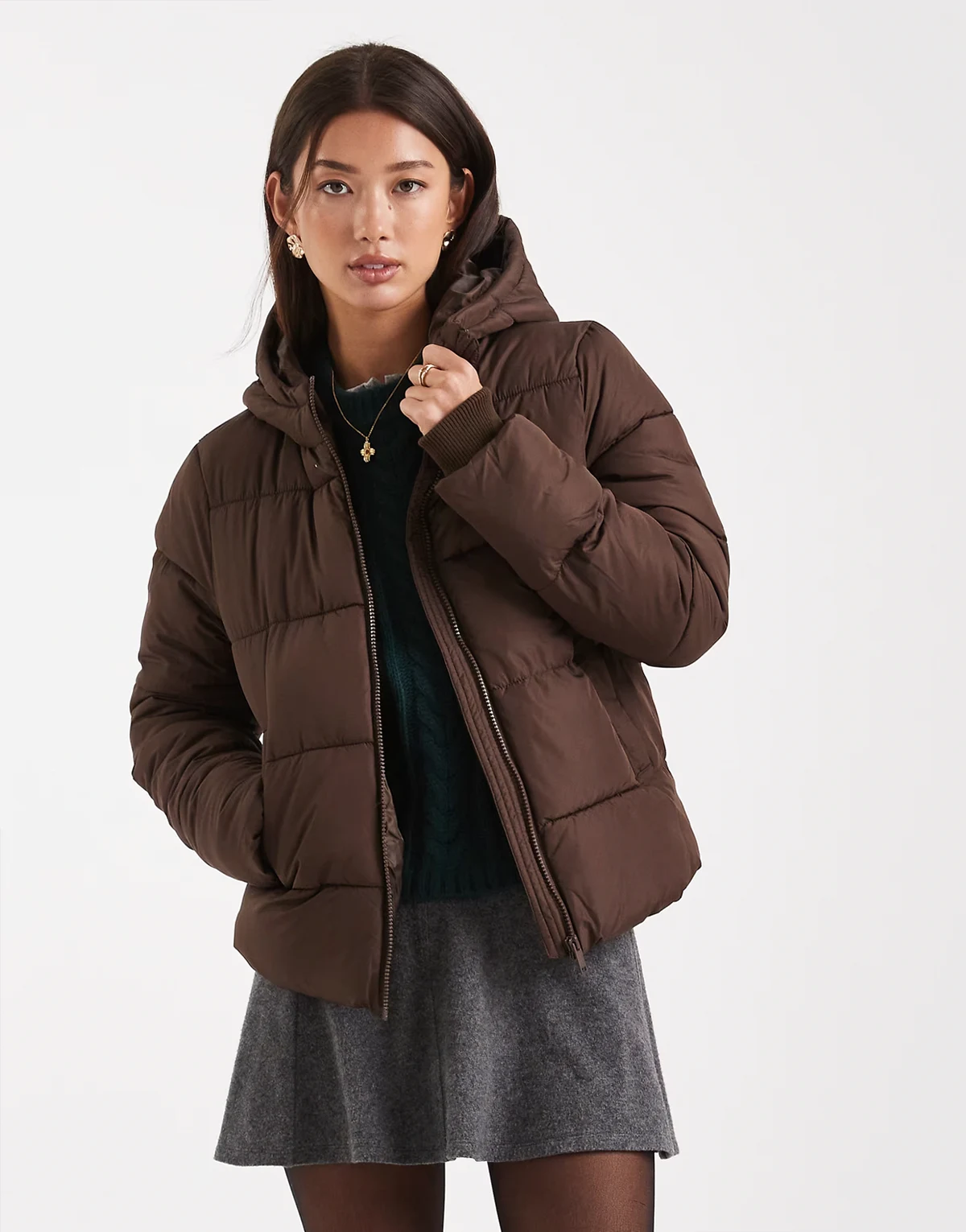 padded coat with hood in chocolate brown