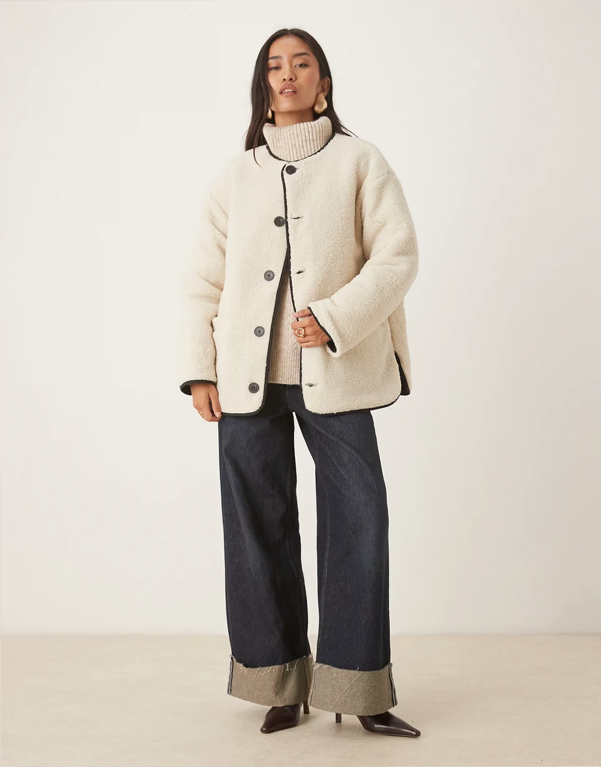 reversible quilted borg jacket in ivory and black