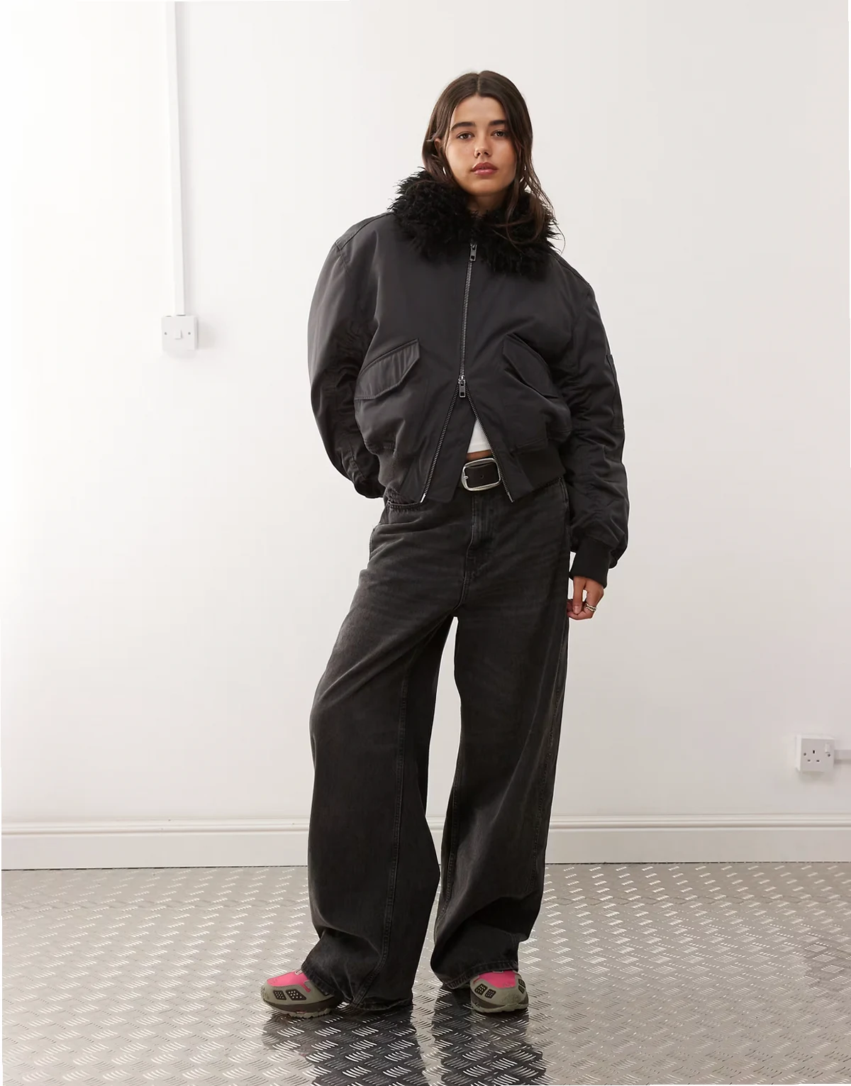 bomber jacket with faux fur collar in off-black