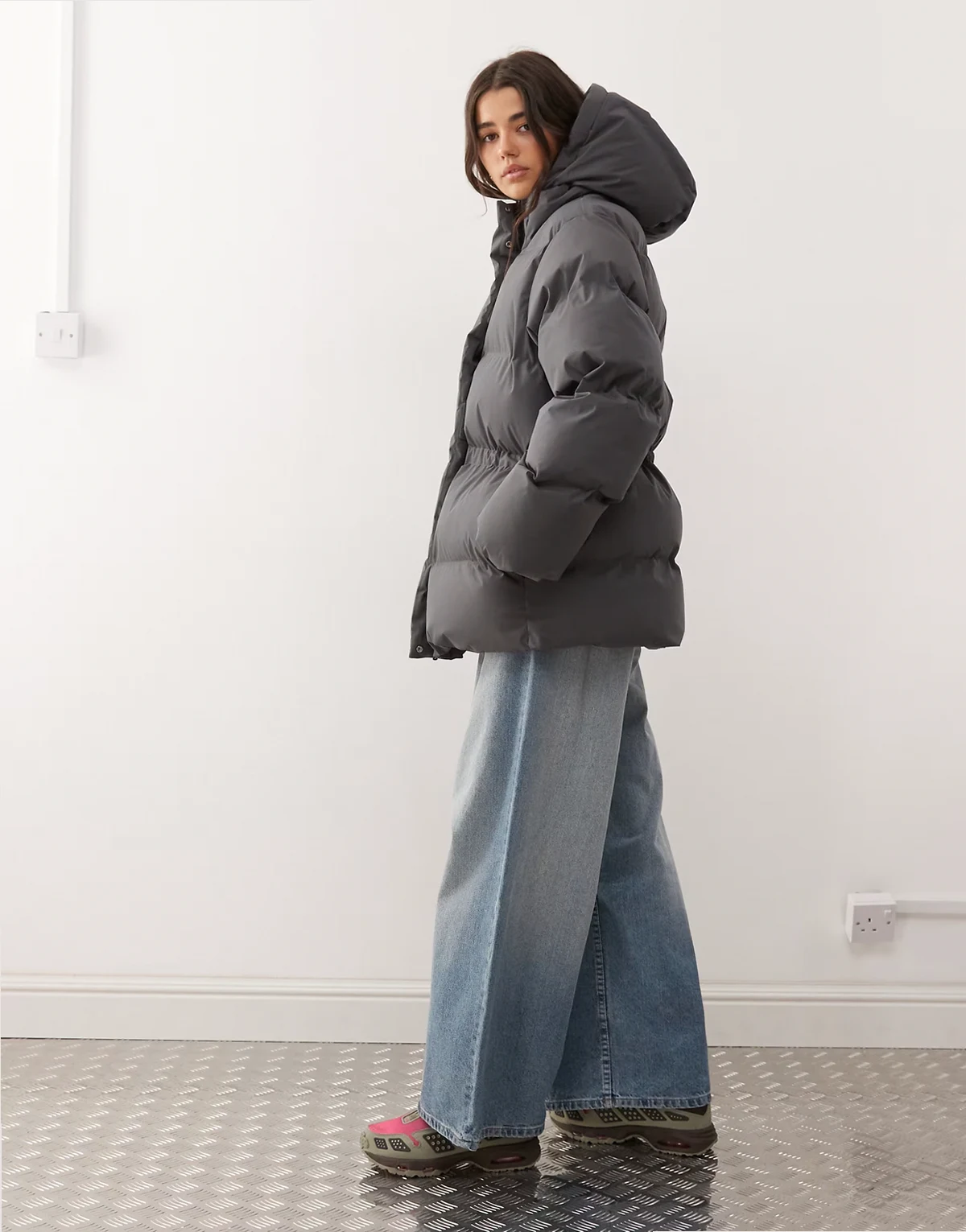 cinched puffer coat with detachable hood in dark gray