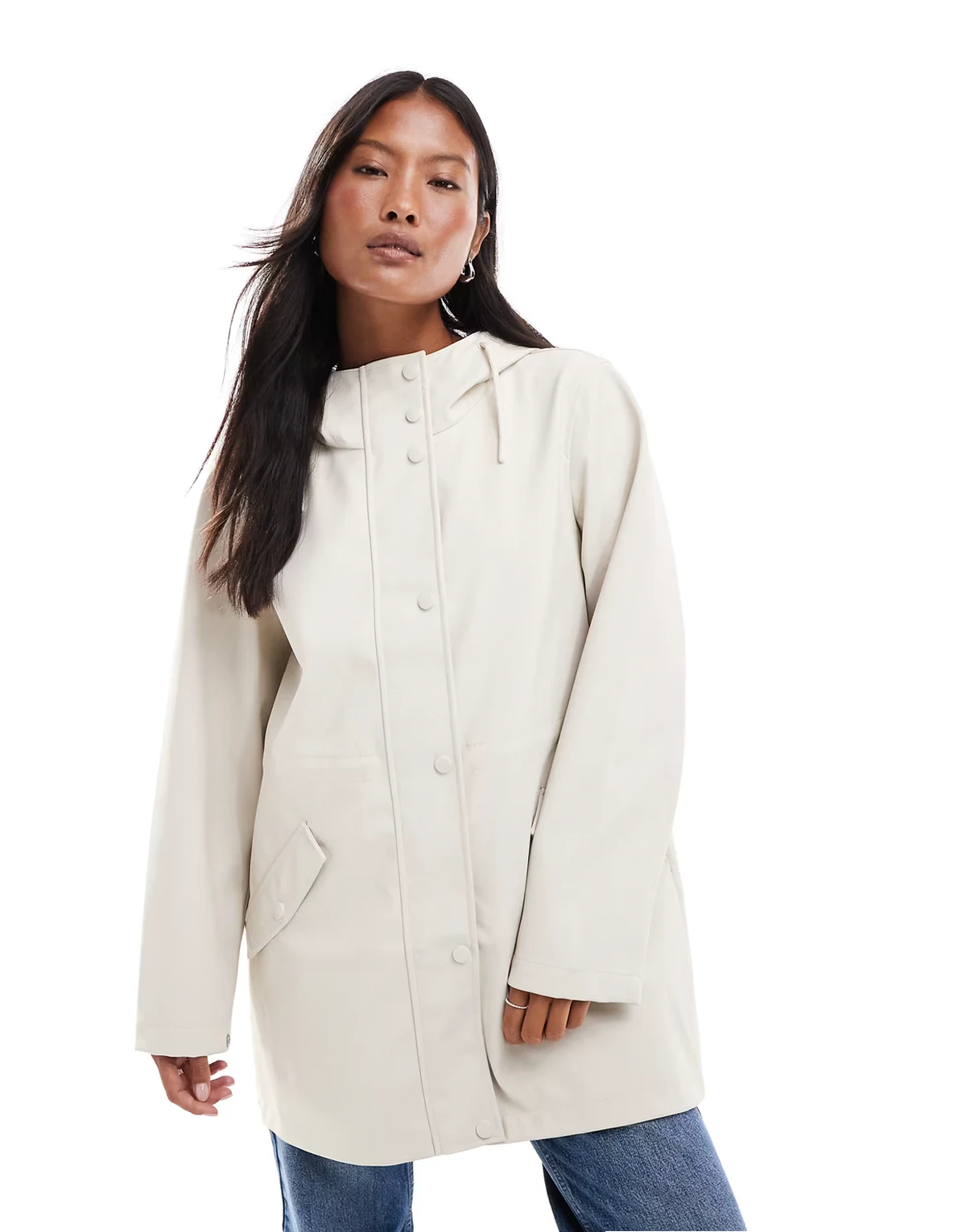 coated rain jacket with hood in moonbeam stone