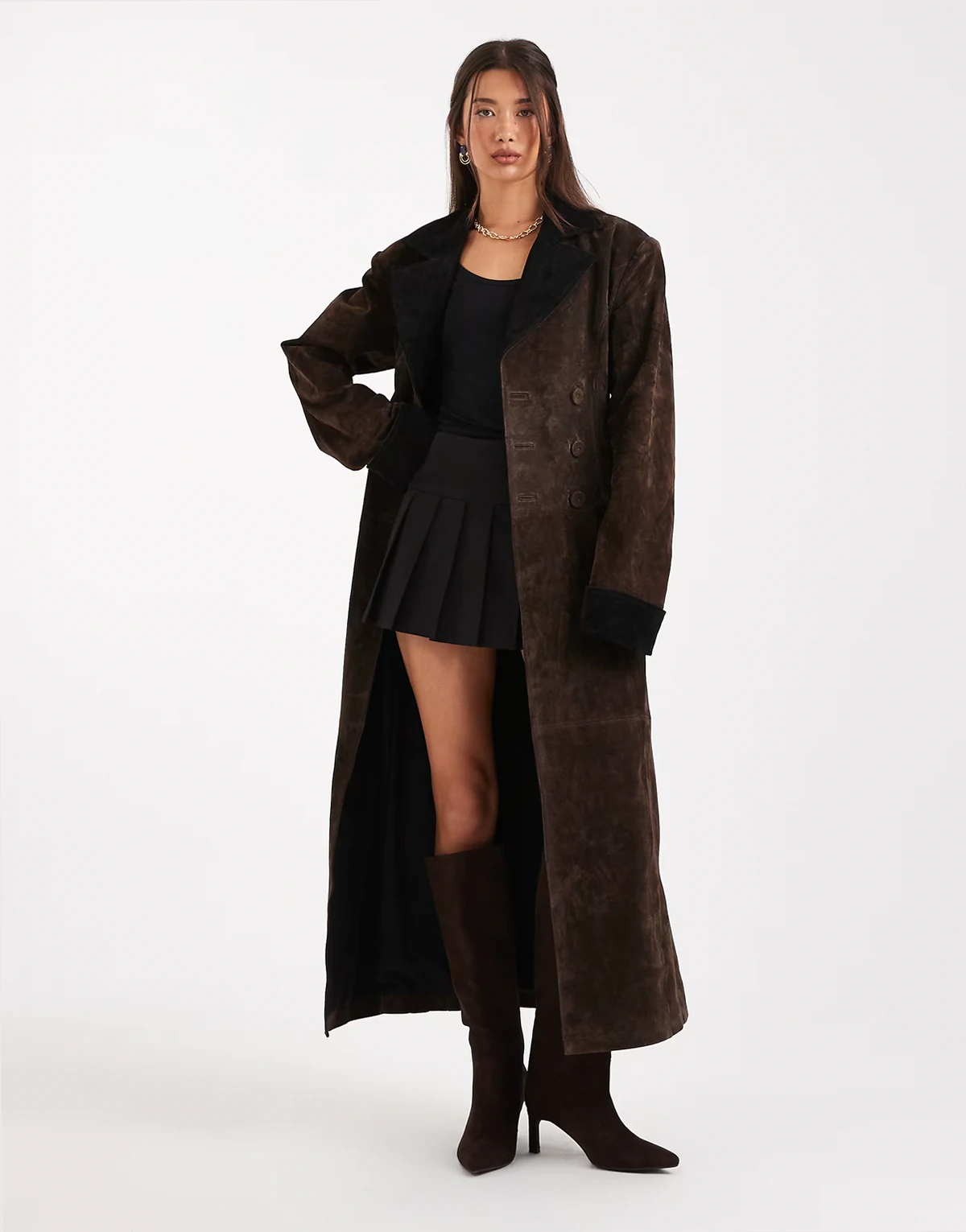 suede double breasted longline coat in chocolate