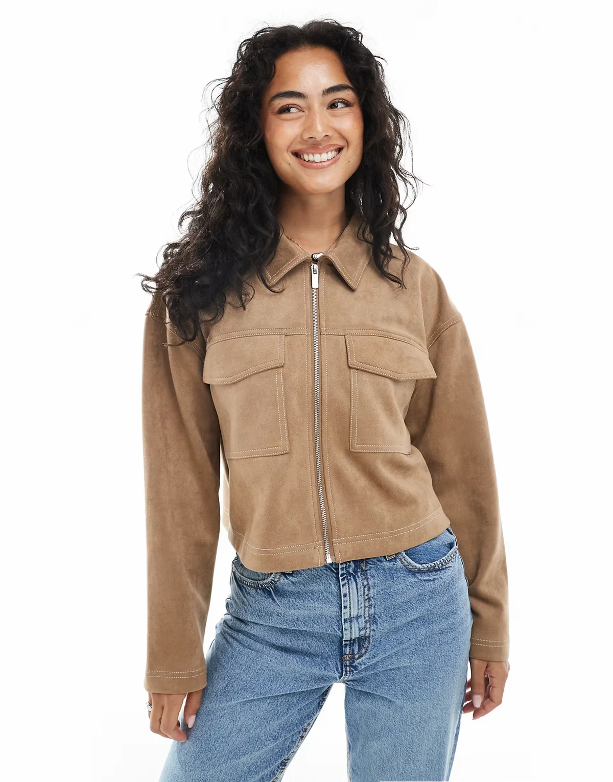 – Cropped-Jacke aus Wildlederimitat in Taupe mit Kontrastnaht