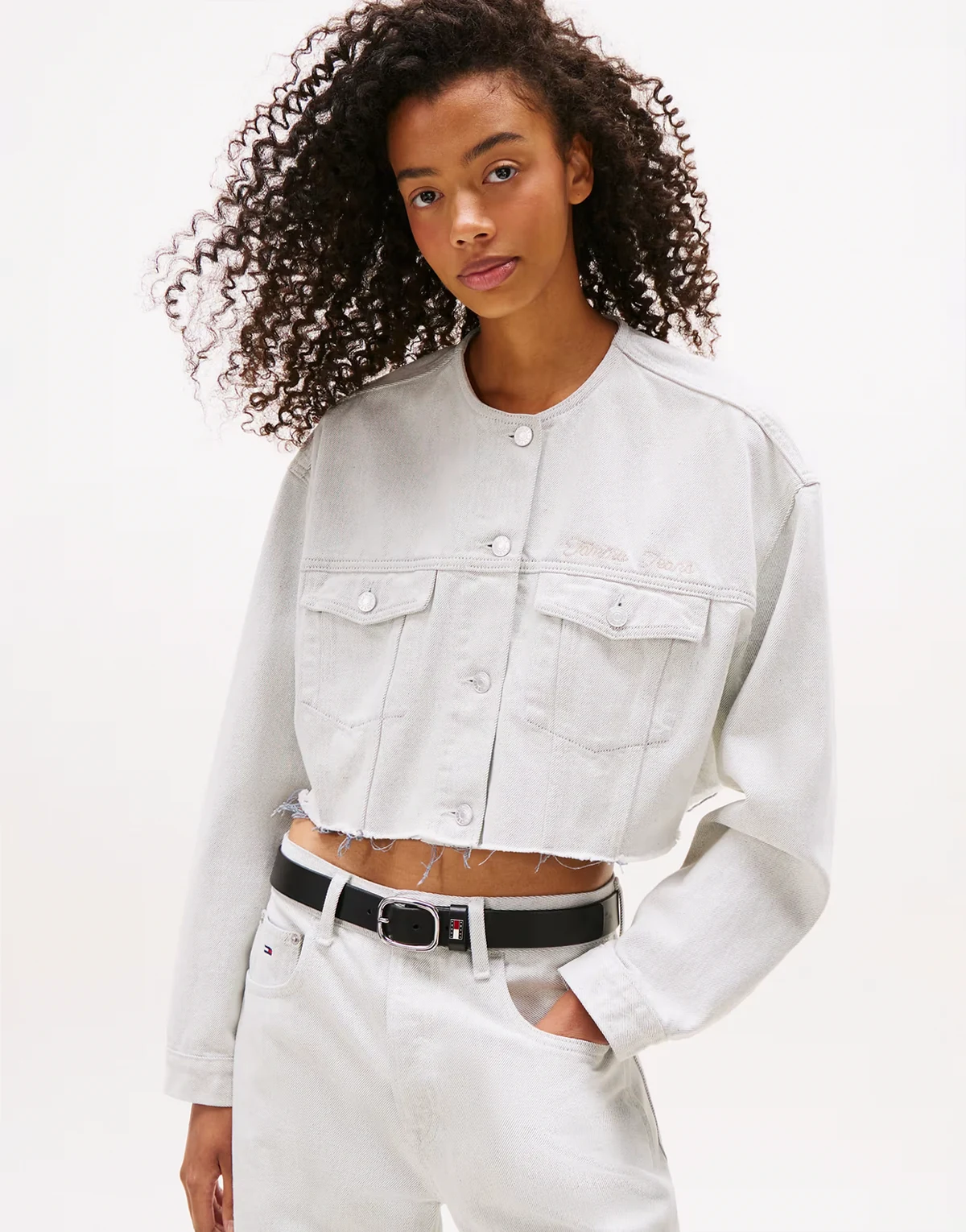 denim cropped jacket in light wash blue